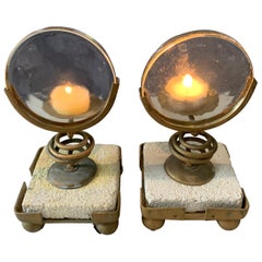 Vintage Pair of Magnifying Candleholders on Stone and Metal Stand