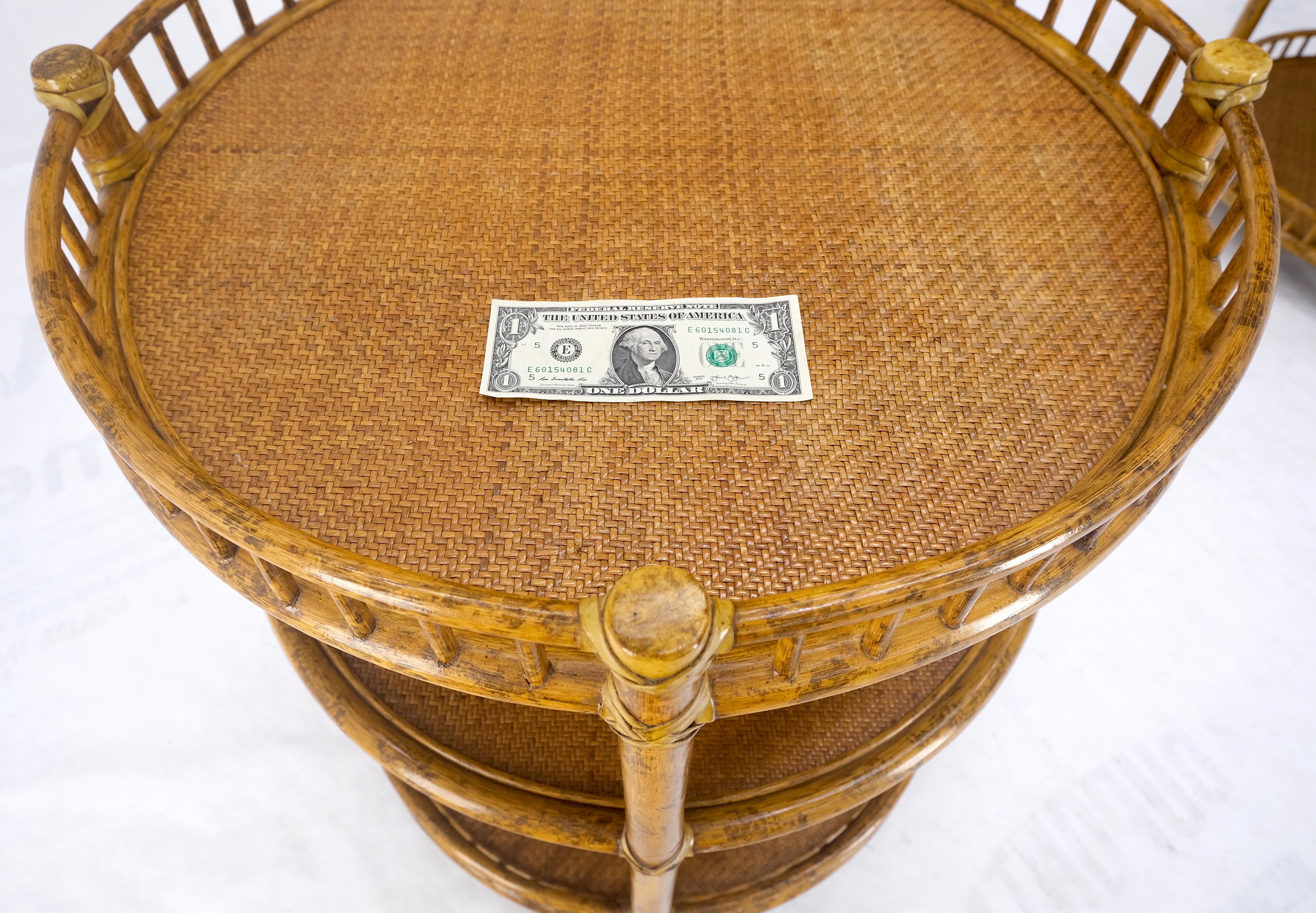 Pair of Maguire Round Reed & Cane Three Tier Gallery Top Serving Tables Stands  For Sale 3