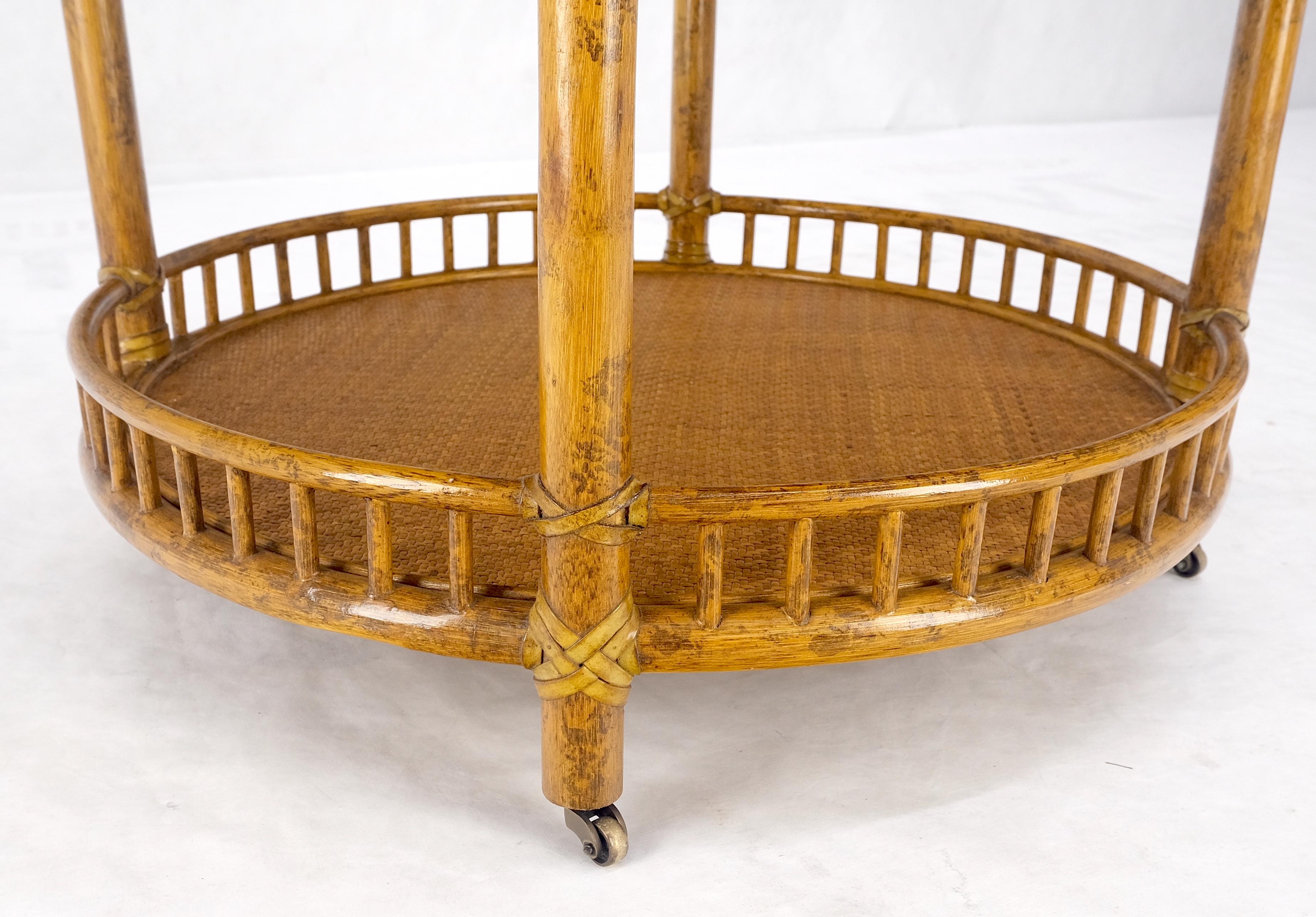Mid-Century Modern Pair of Maguire Round Reed & Cane Three Tier Gallery Top Serving Tables Stands  For Sale