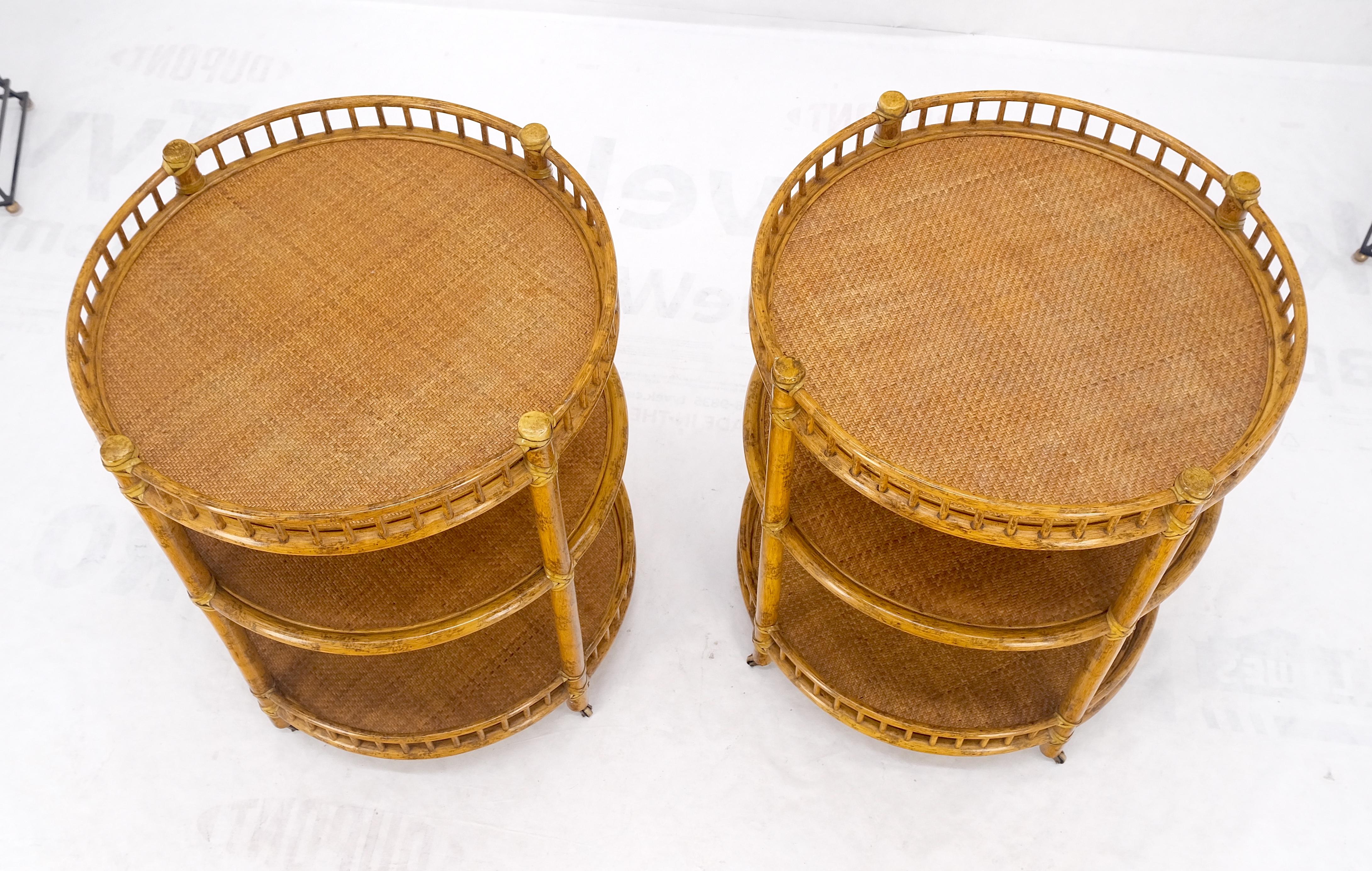 American Pair of Maguire Round Reed & Cane Three Tier Gallery Top Serving Tables Stands  For Sale