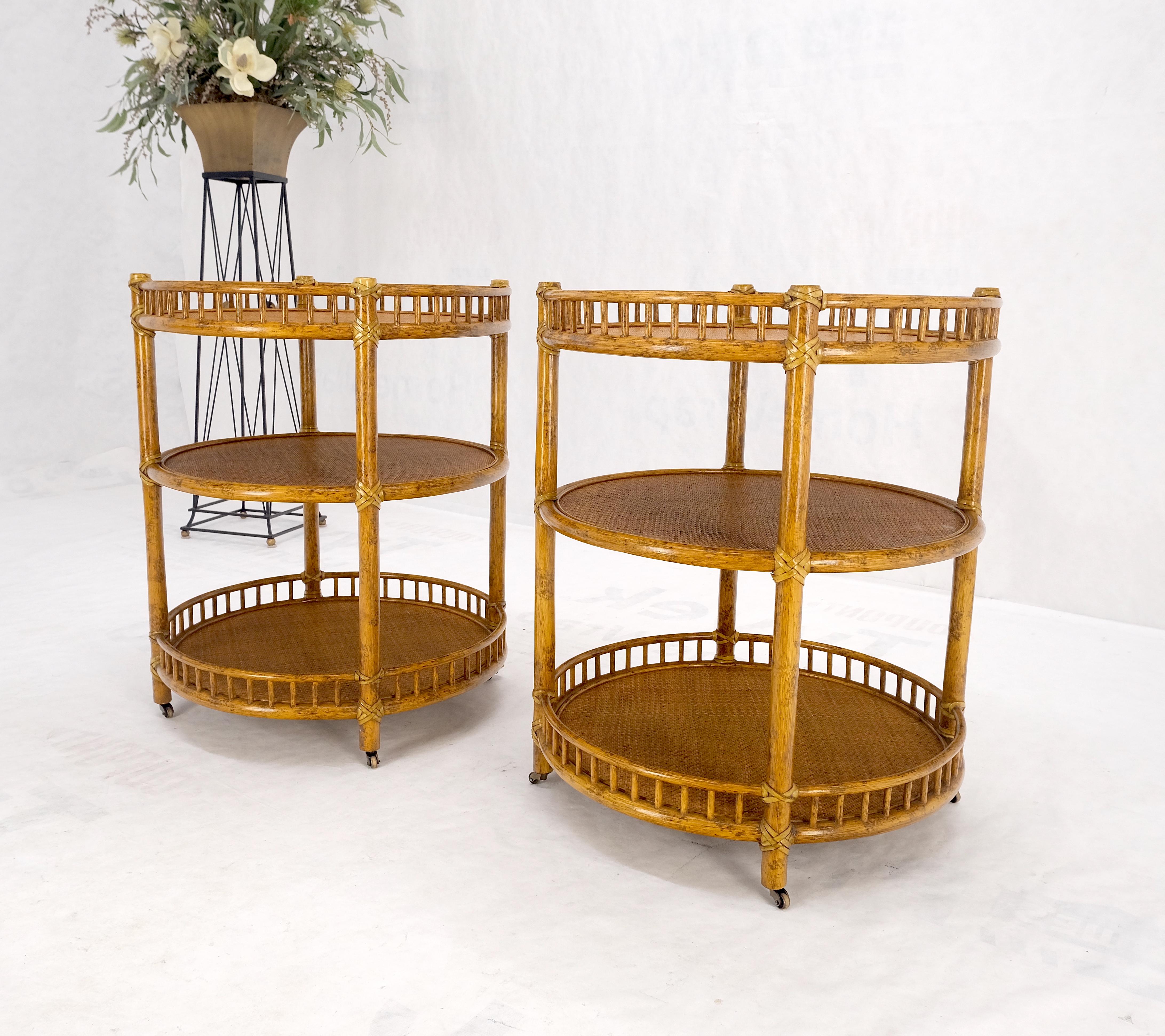 Lacquered Pair of Maguire Round Reed & Cane Three Tier Gallery Top Serving Tables Stands  For Sale