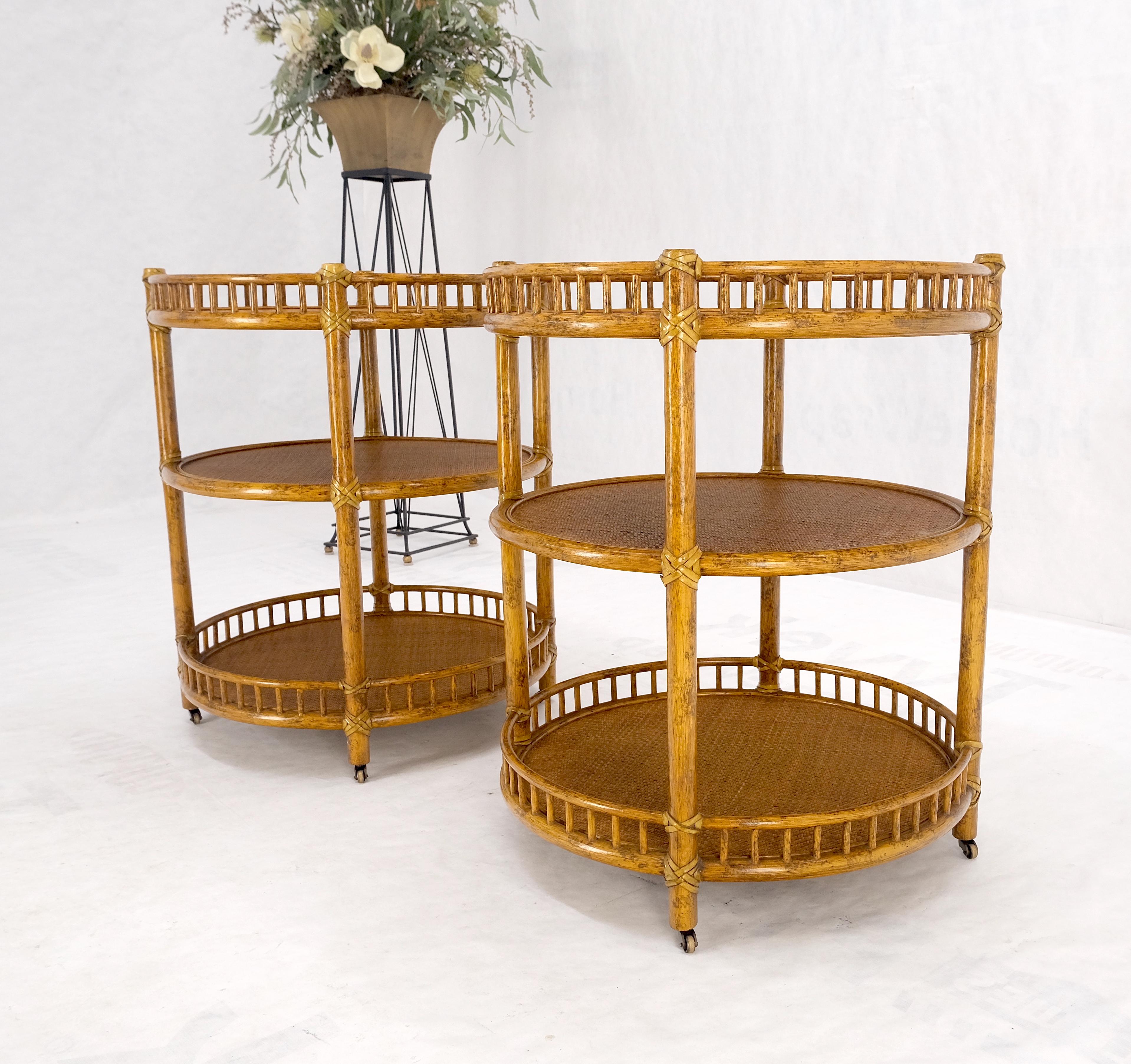 Pair of Maguire Round Reed & Cane Three Tier Gallery Top Serving Tables Stands  In Excellent Condition For Sale In Rockaway, NJ