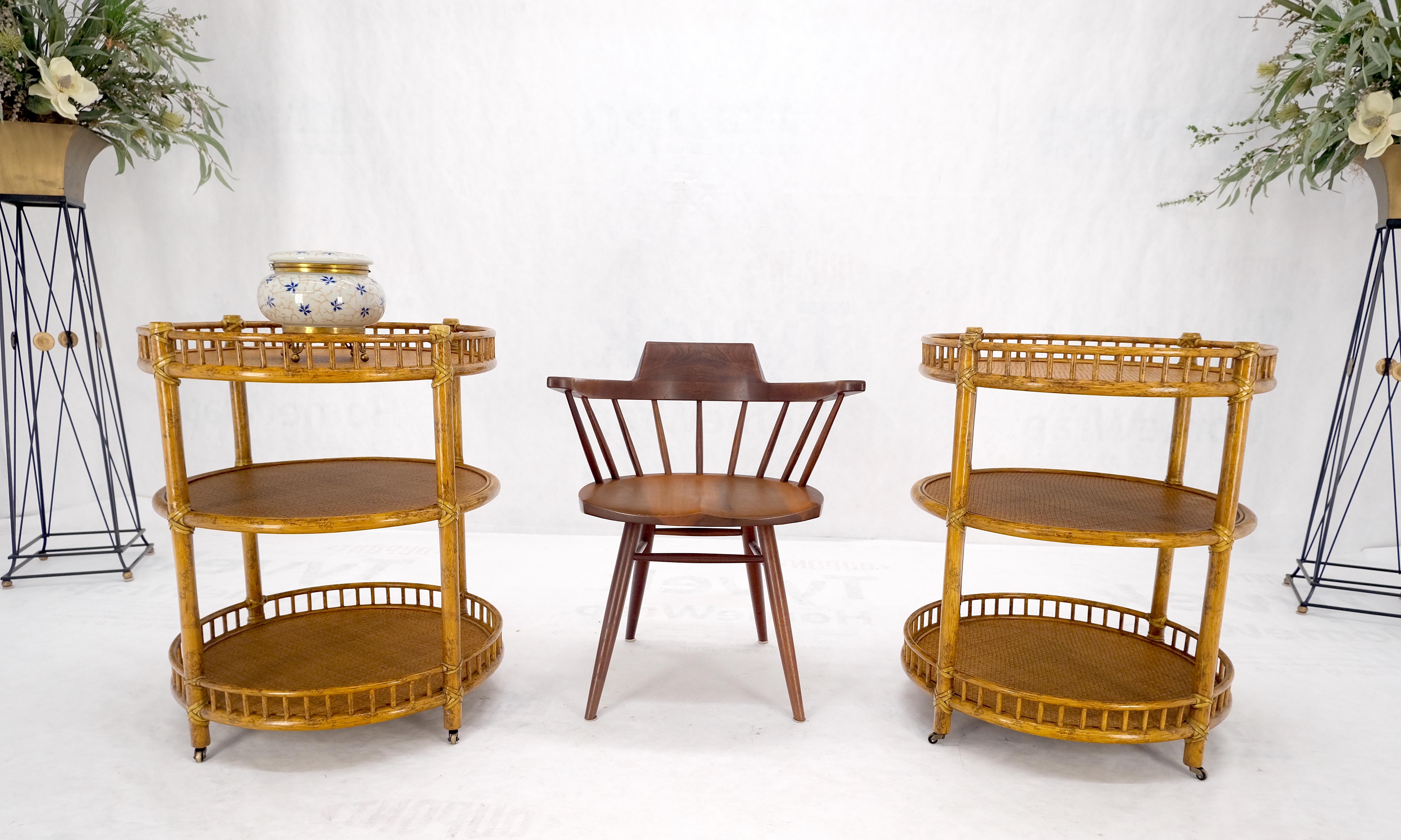 20th Century Pair of Maguire Round Reed & Cane Three Tier Gallery Top Serving Tables Stands  For Sale