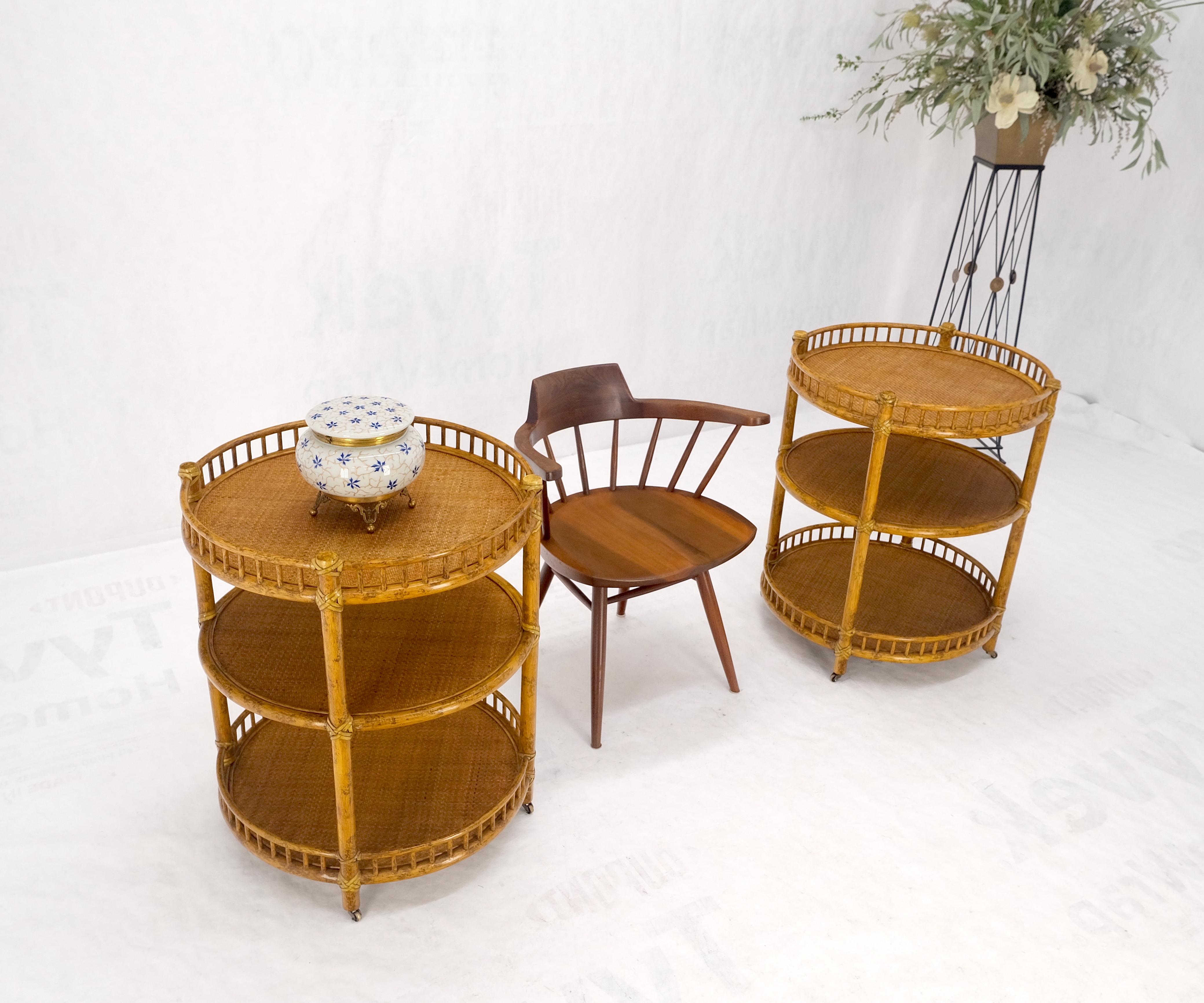 Brass Pair of Maguire Round Reed & Cane Three Tier Gallery Top Serving Tables Stands  For Sale