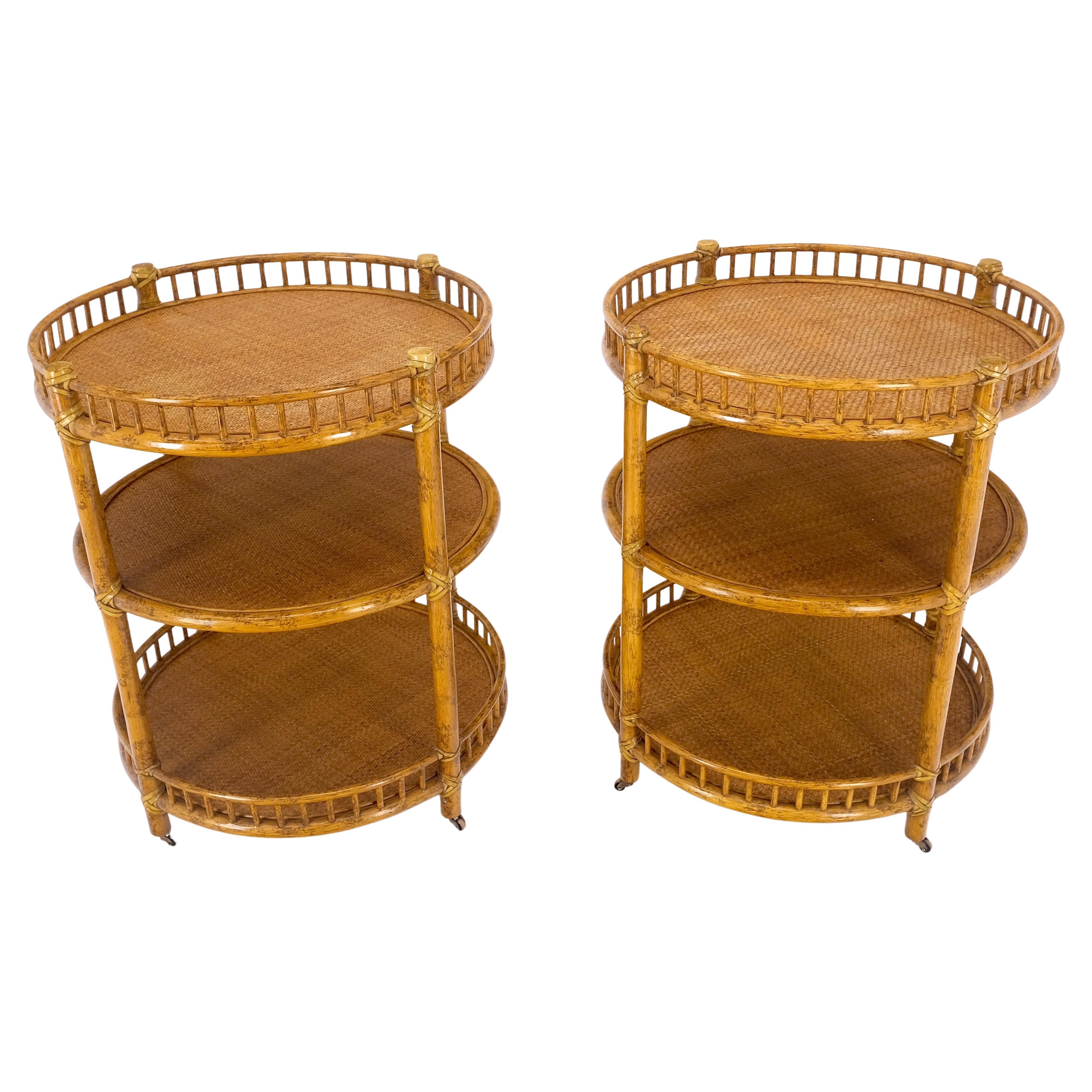 Pair of Maguire Round Reed & Cane Three Tier Gallery Top Serving Tables Stands  For Sale