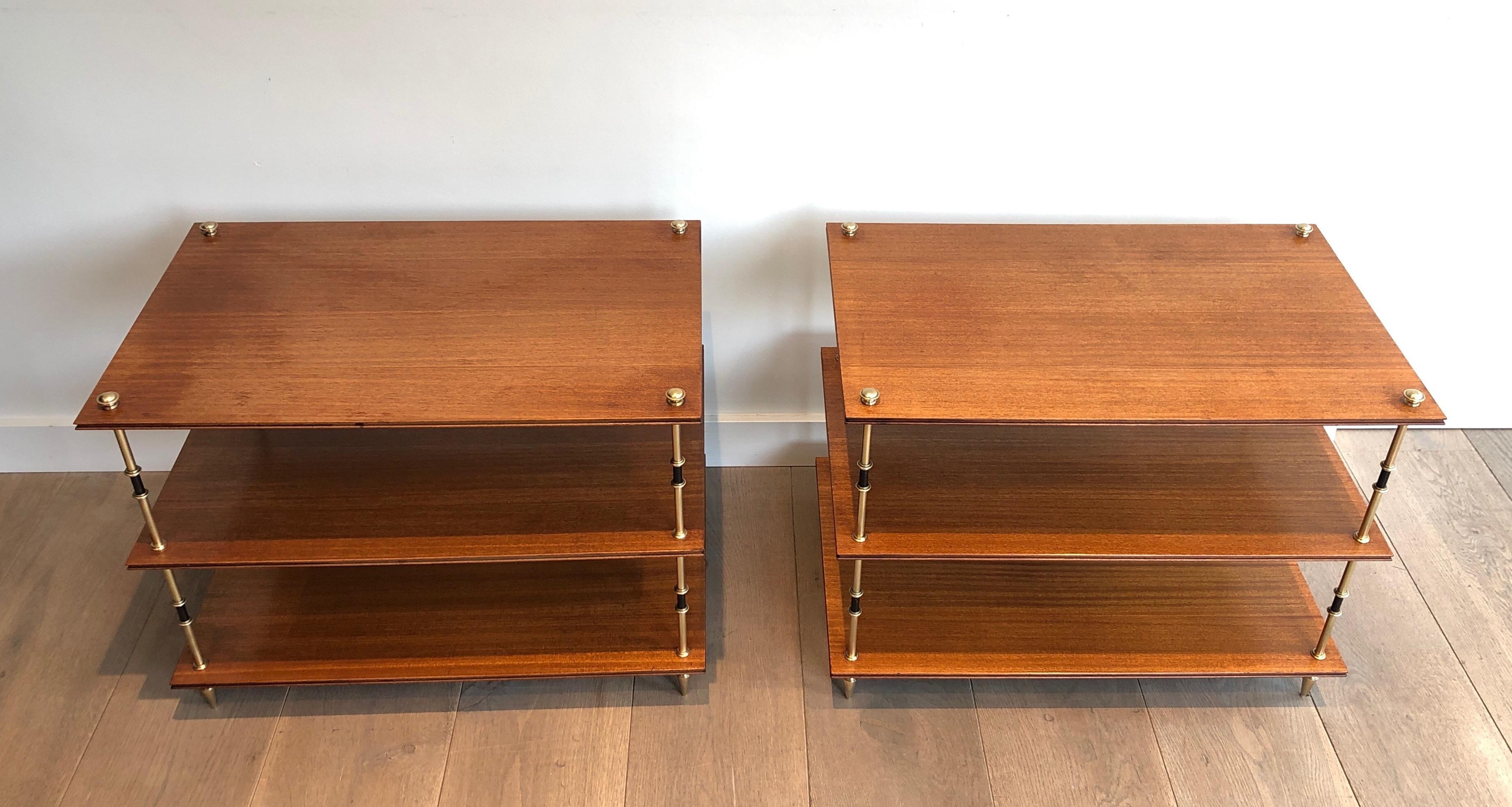 Neoclassical Pair of mahogany and brass three tiers console or side tables by Maison Jansen For Sale