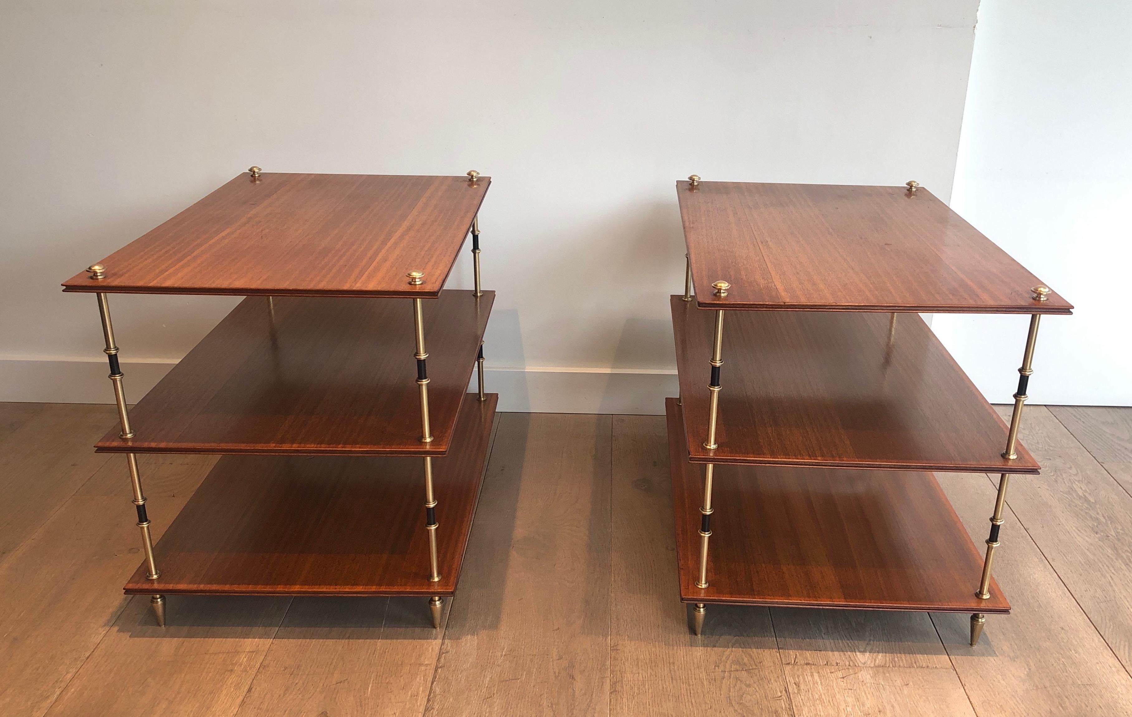 French Pair of mahogany and brass three tiers console or side tables by Maison Jansen For Sale