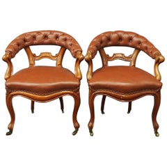 Antique Pair of Mahogany and Brown Leather Club Chairs