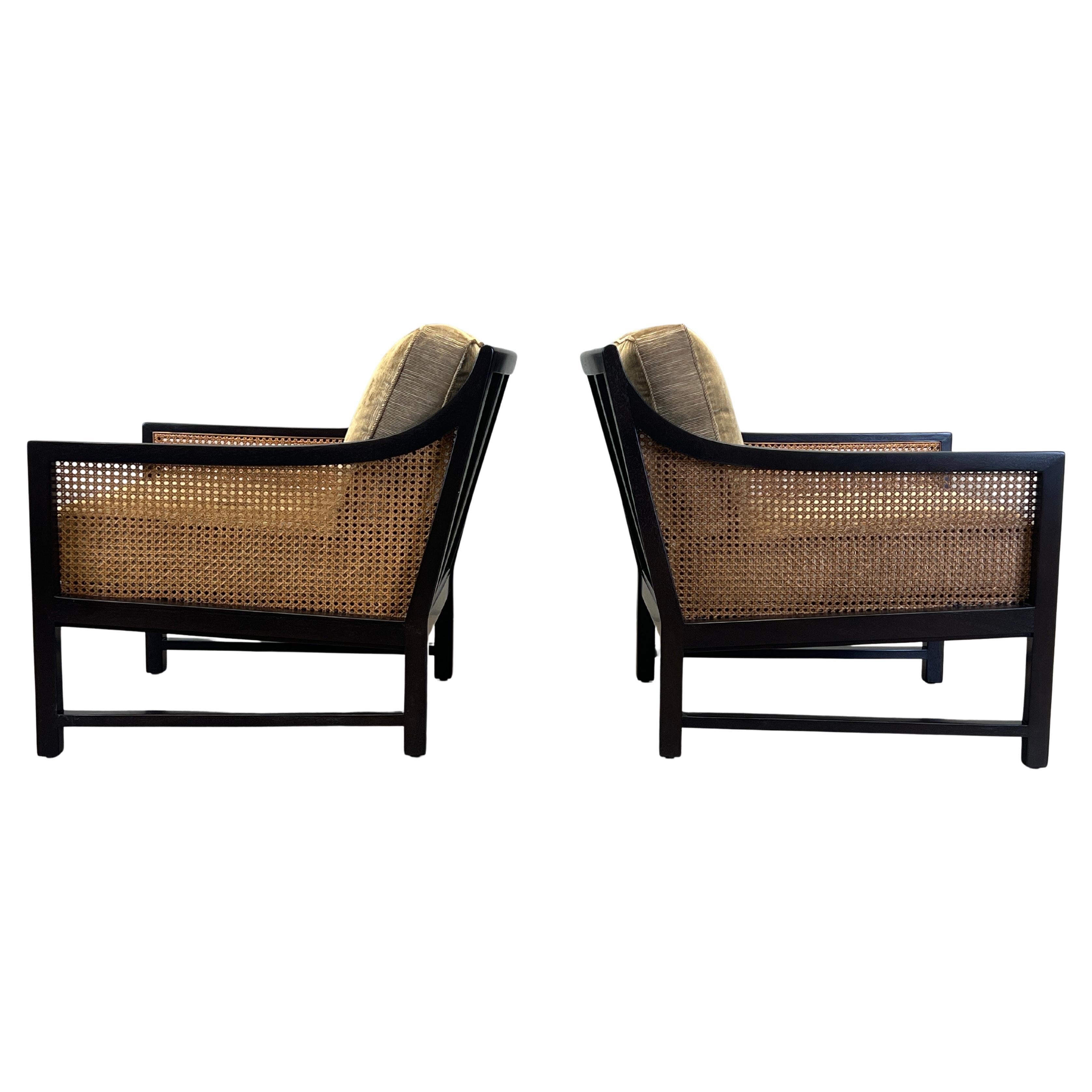 Pair of Mahogany and Cane Lounge Chairs by Edward Wormley for Dunbar