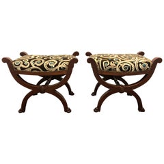Antique Pair of Mahogany and Embroidered Velvet Footstools, France, circa 1900