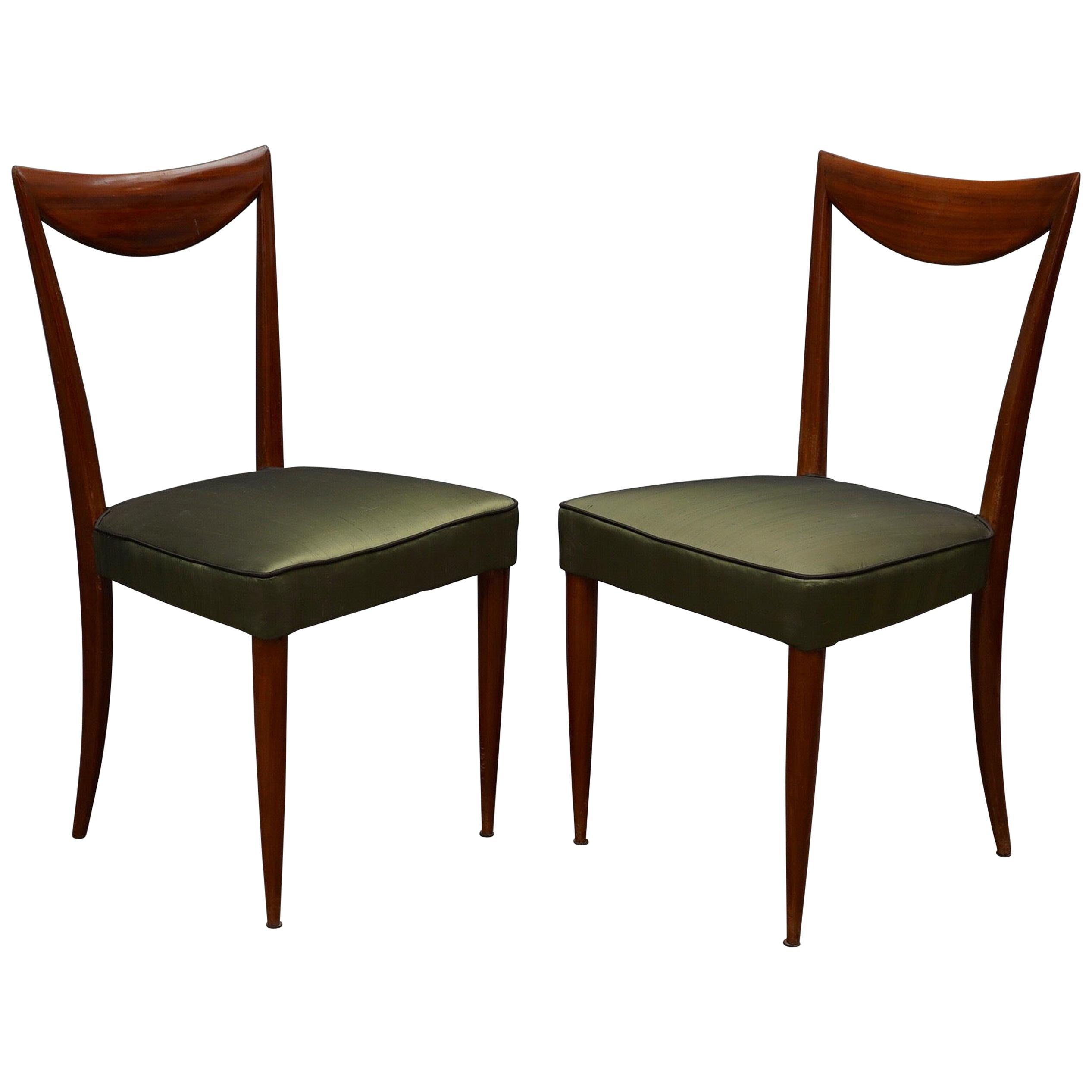 Pair of Mahogany and Green Silk Italian Chairs, 1950