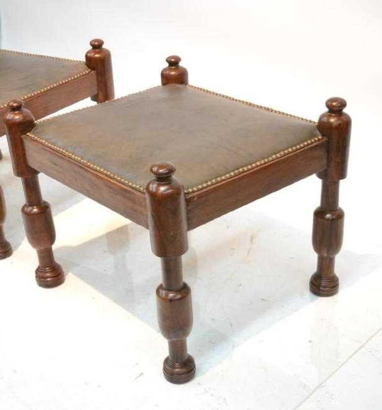 Mid-20th Century Pair of Mahogany and Leather Stools