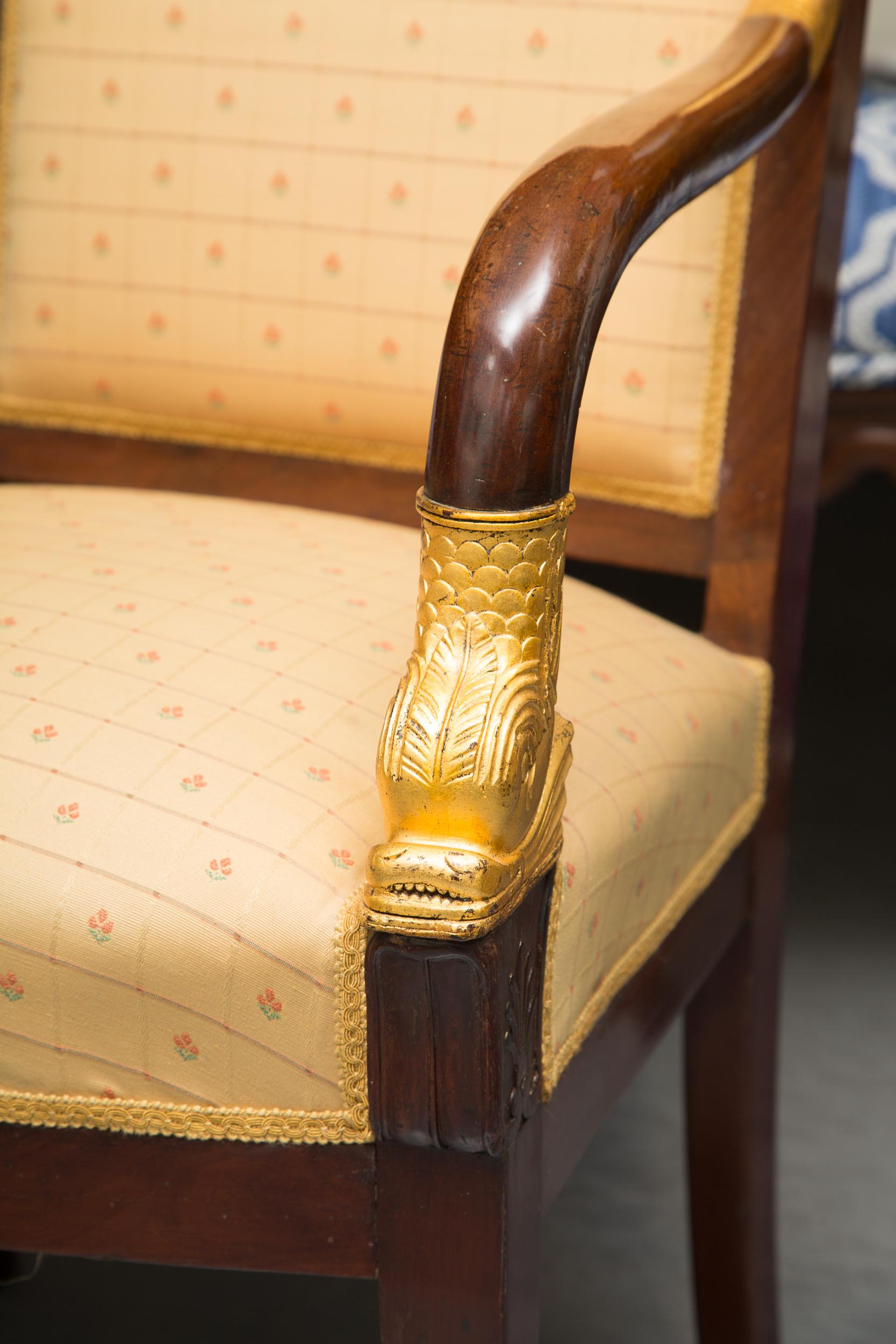 Pair of Mahogany and Parcel Gilt French Empire Style Armchairs In Good Condition In WEST PALM BEACH, FL