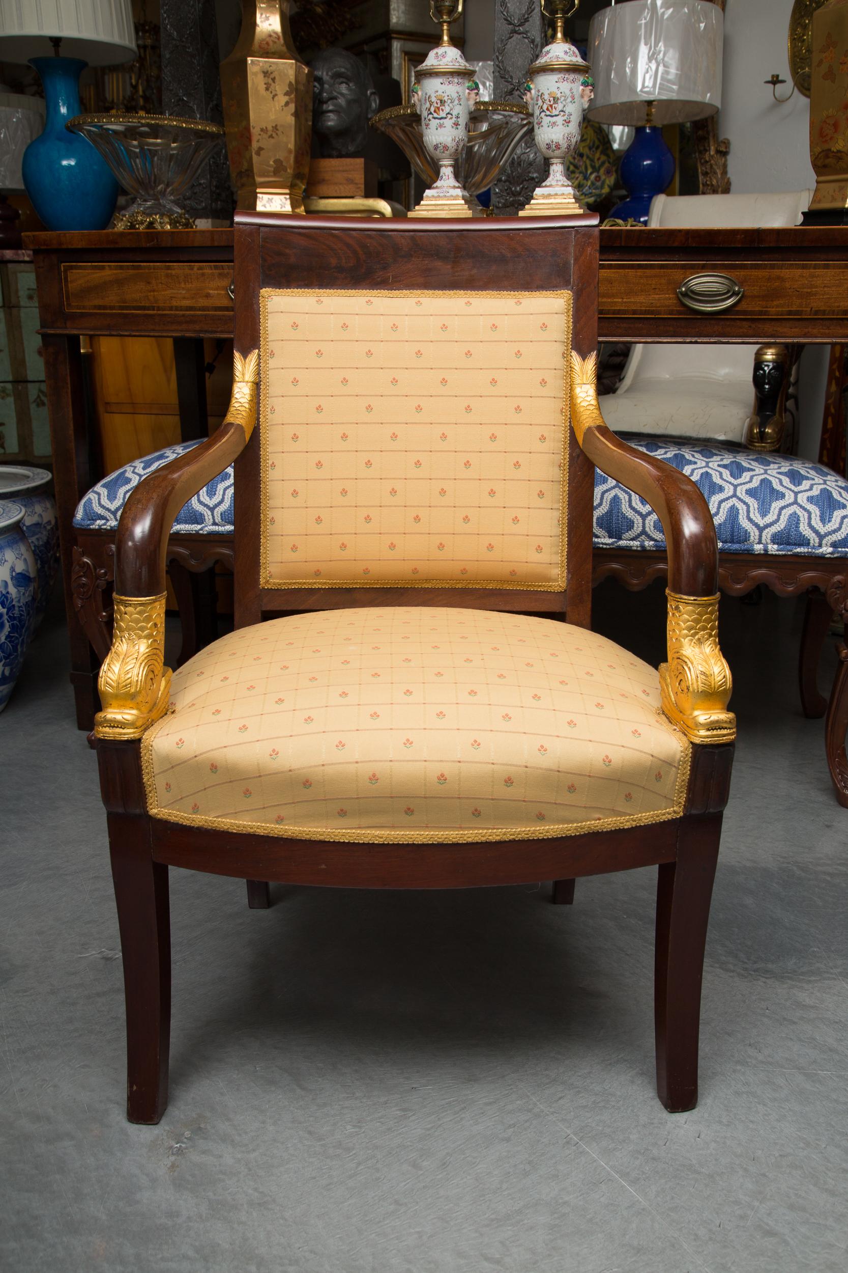 20th Century Pair of Mahogany and Parcel Gilt French Empire Style Armchairs