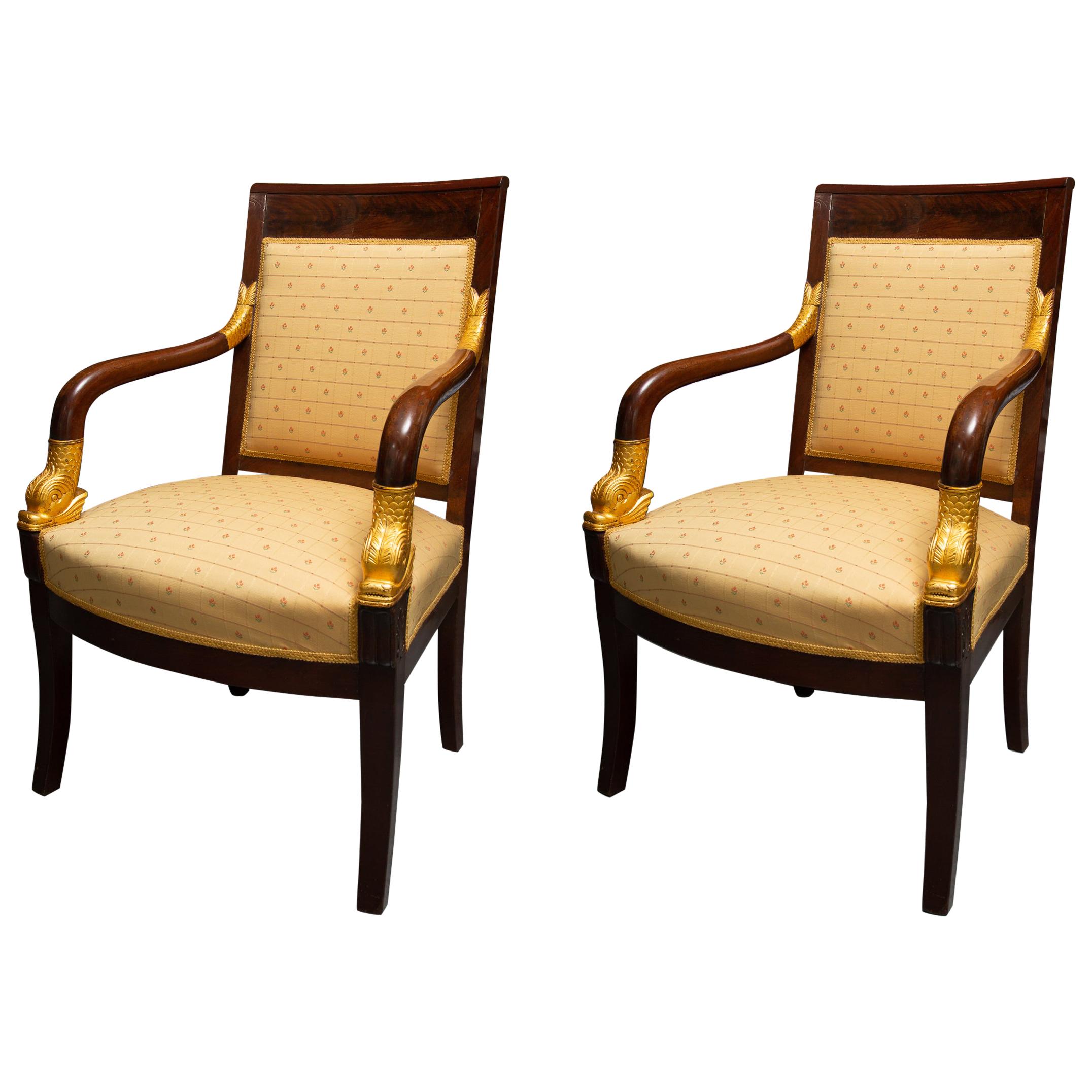 Pair of Mahogany and Parcel Gilt French Empire Style Armchairs