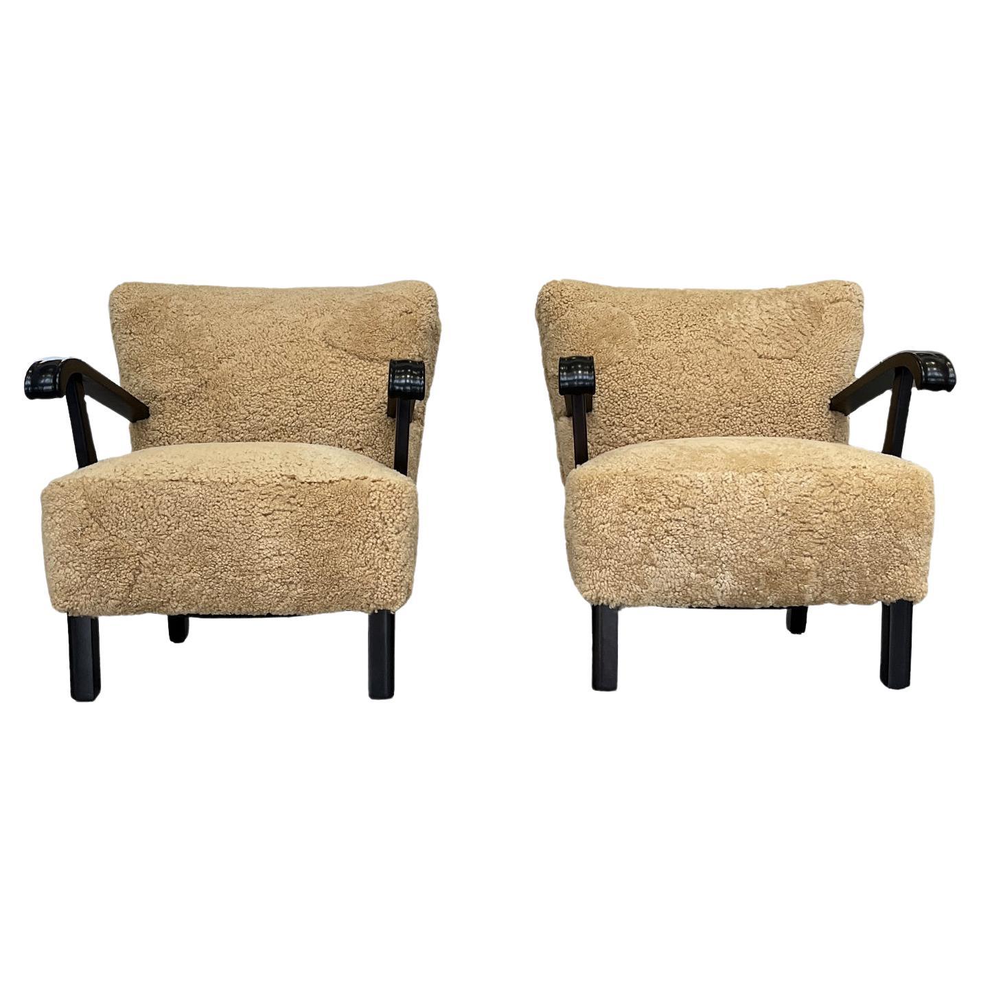 Pair of Mahogany and Shearling Armchairs by Alfred Christensen For Sale