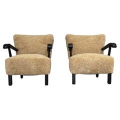 Pair of Mahogany and Shearling Armchairs by Alfred Christensen