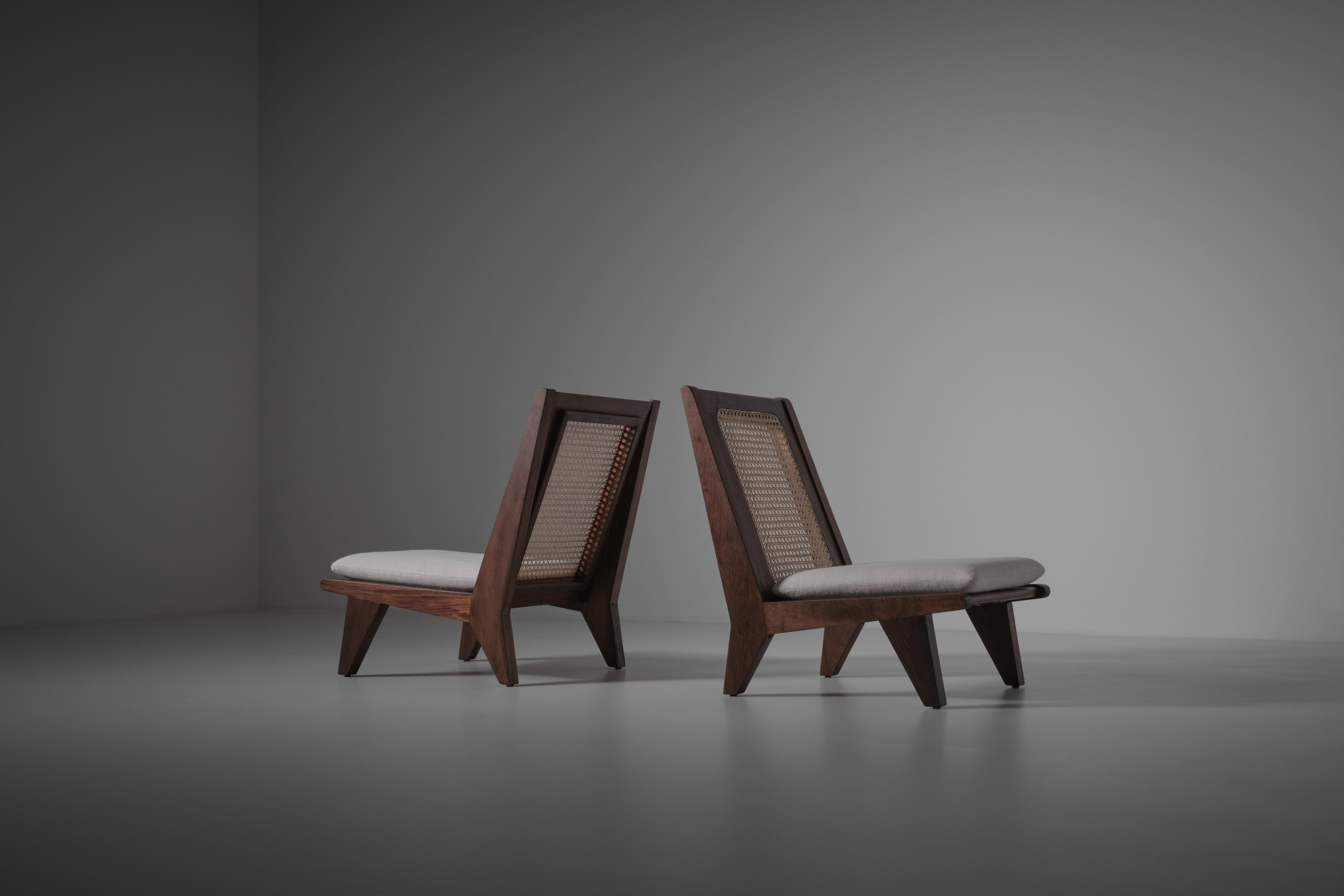 Pair of Mahogany and Webbing Easy Chairs, France 1960s 4