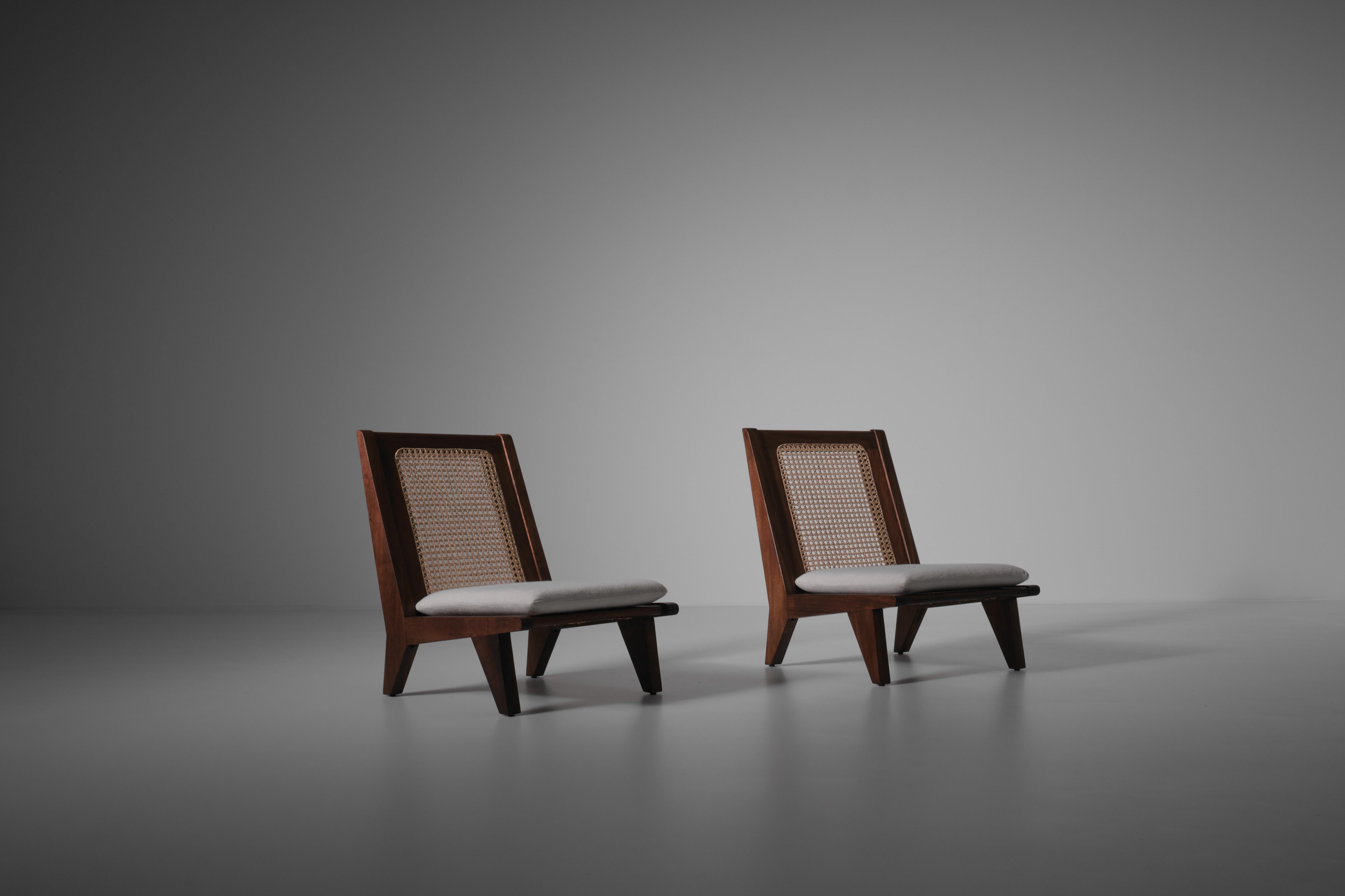 French Pair of Mahogany and Webbing Easy Chairs, France 1960s