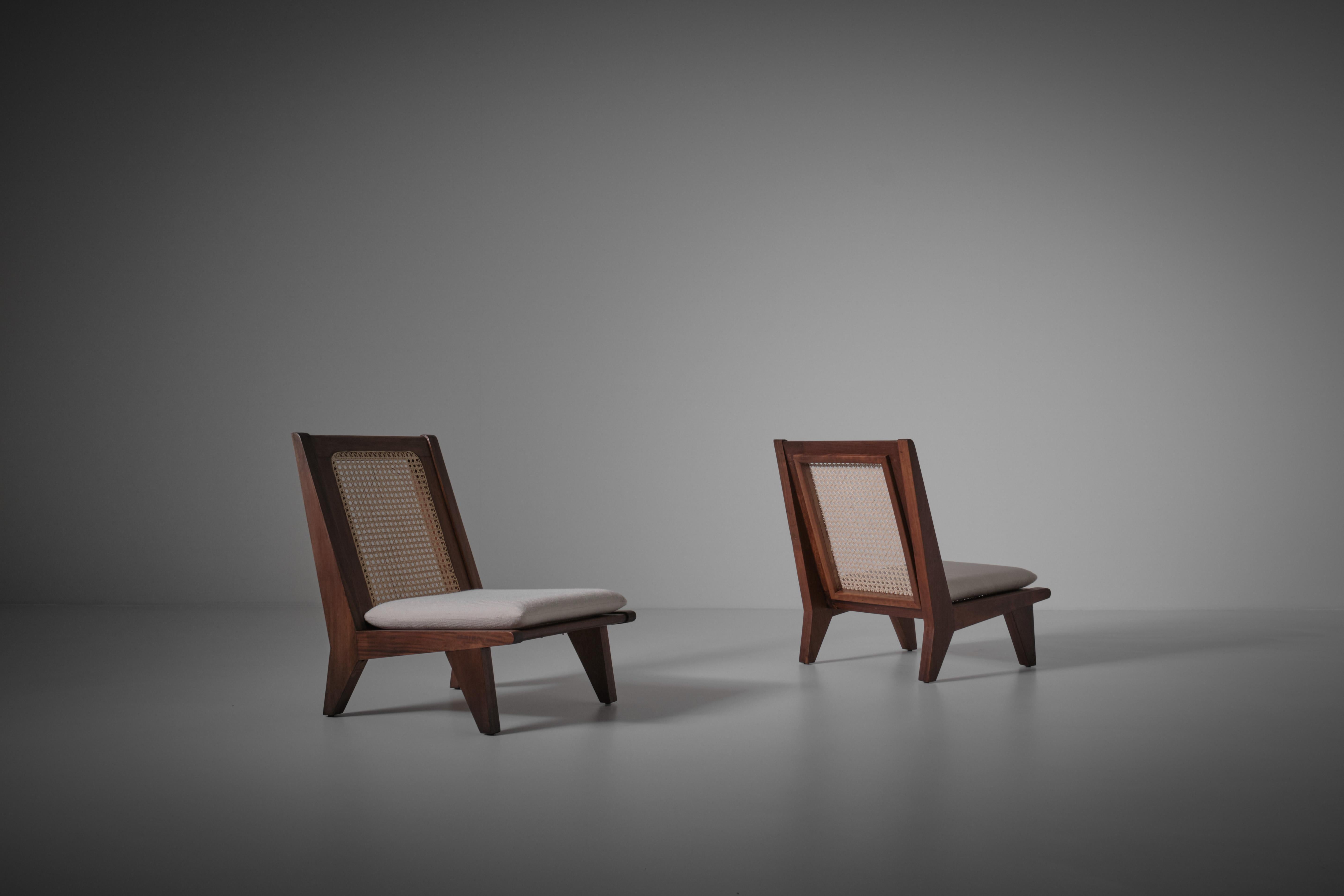 Pair of Mahogany and Webbing Easy Chairs, France 1960s 1