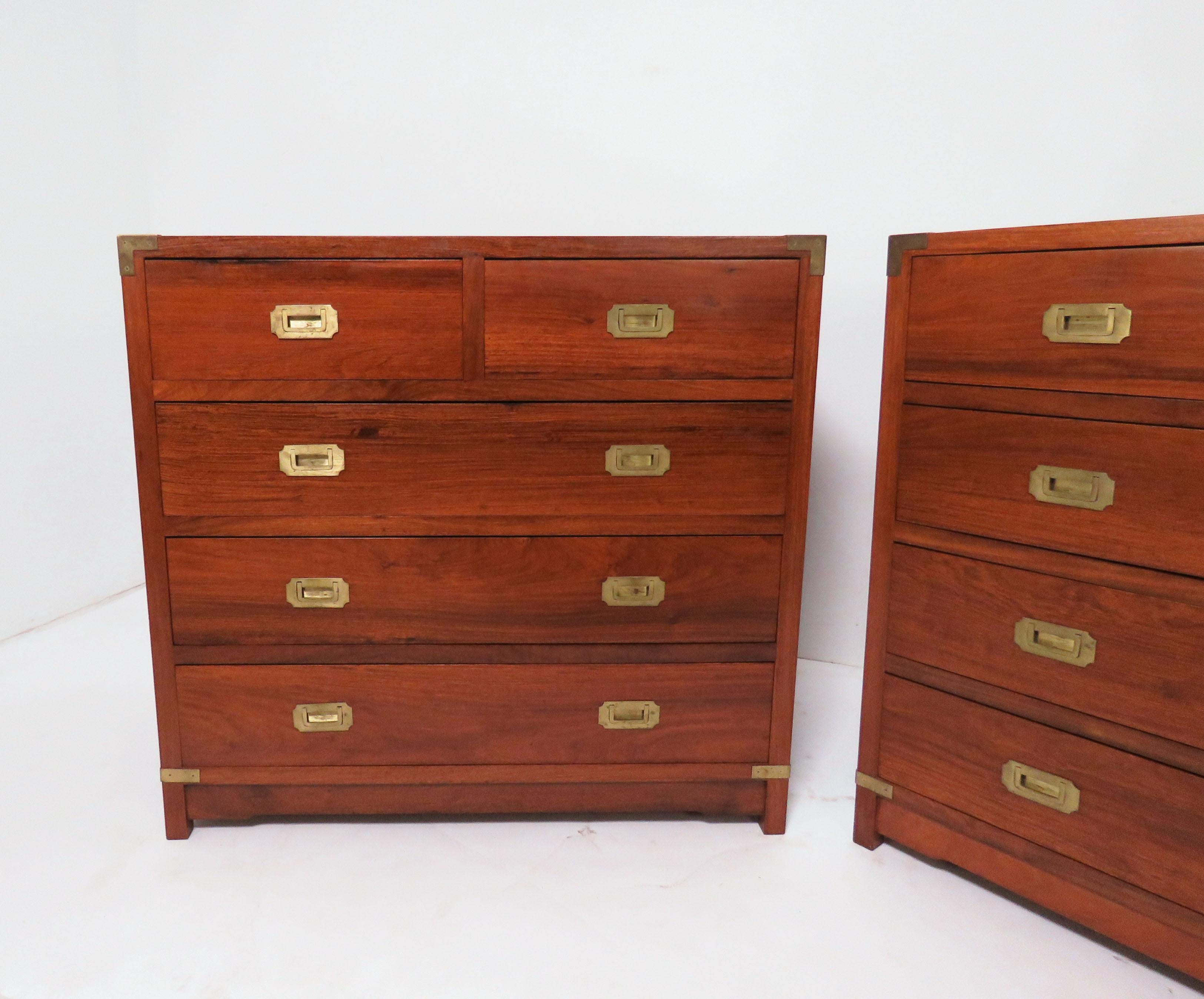 Pair of bespoke handcrafted Anglo-Indian Campaign dressers in solid mahogany with brass corner hardware and inset drawer handles, circa 1950s.