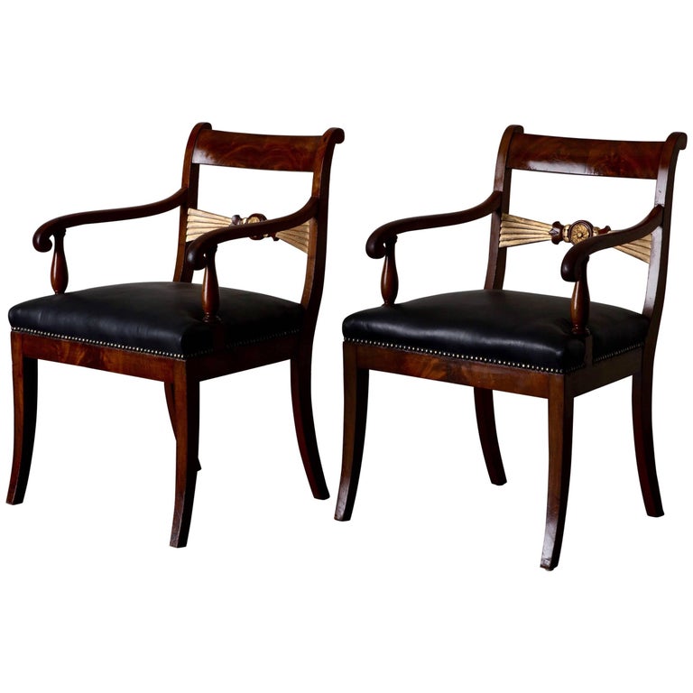 Pair of Mahogany Armchairs with Gilded Details, 19th Century, England For Sale