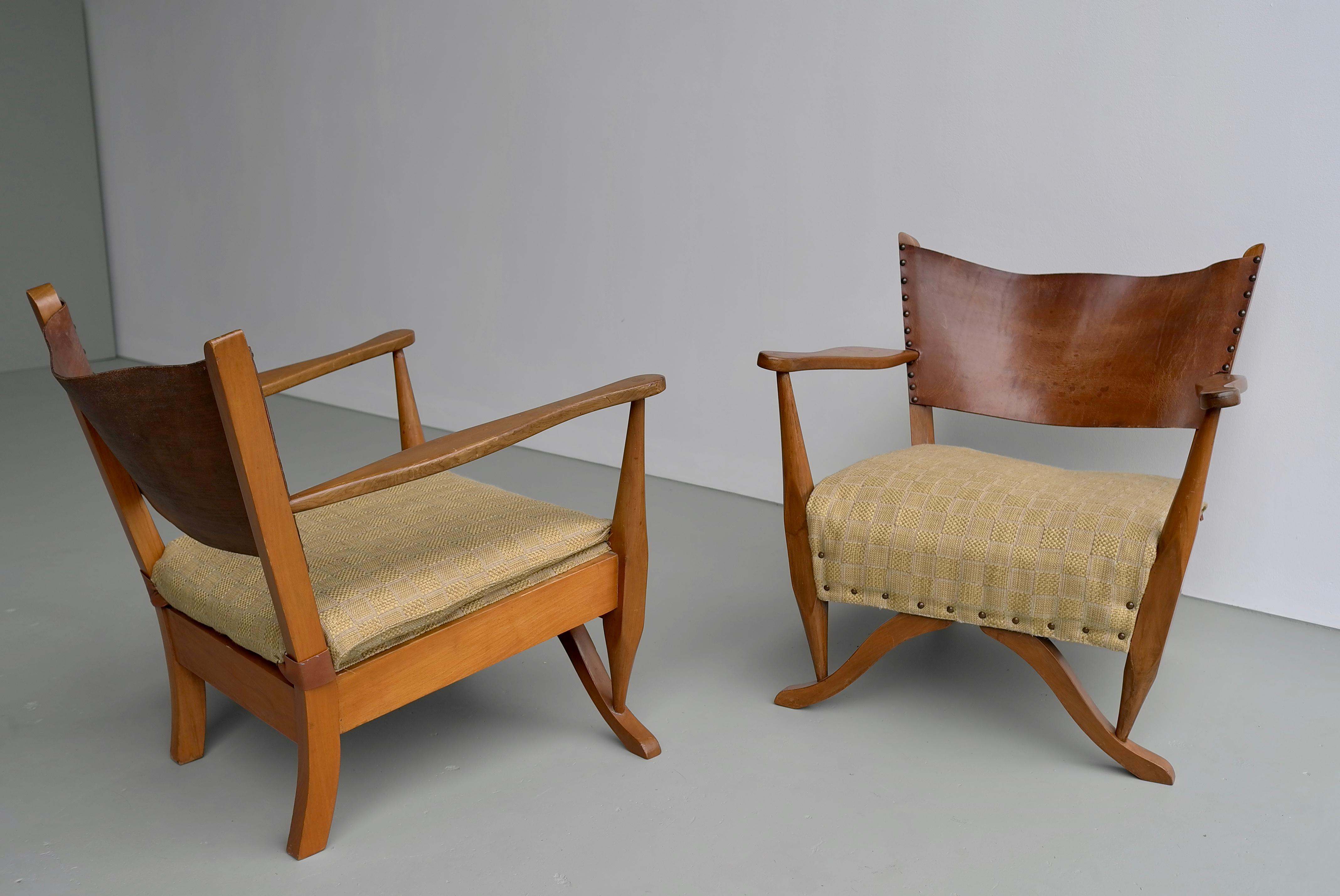 Danish Pair of Mahogany Armchairs with Natural Sling Leather Back, Denmark, 1960s For Sale