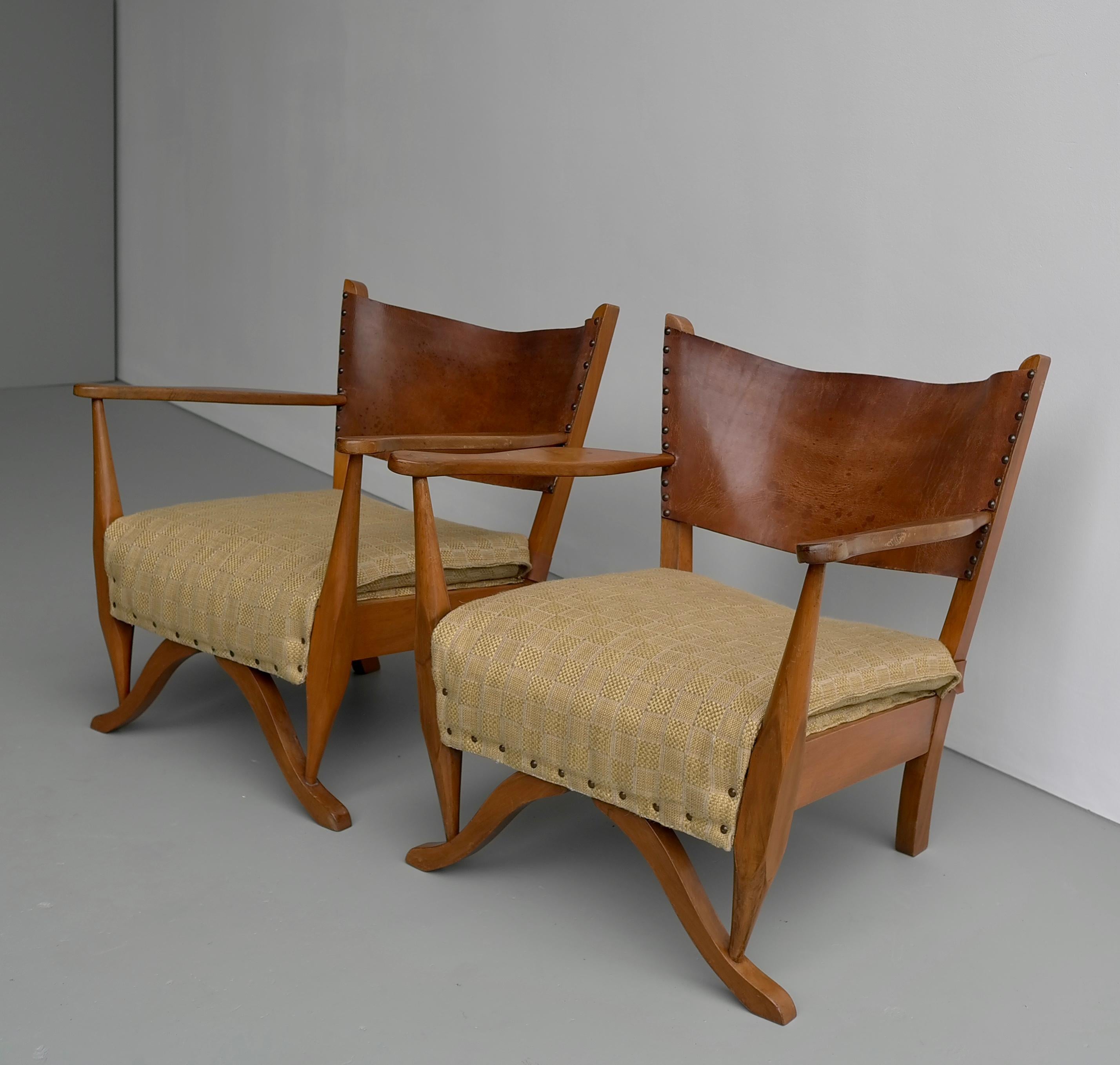 Pair of Mahogany Armchairs with Natural Sling Leather Back, Denmark, 1960s In Good Condition For Sale In Den Haag, NL