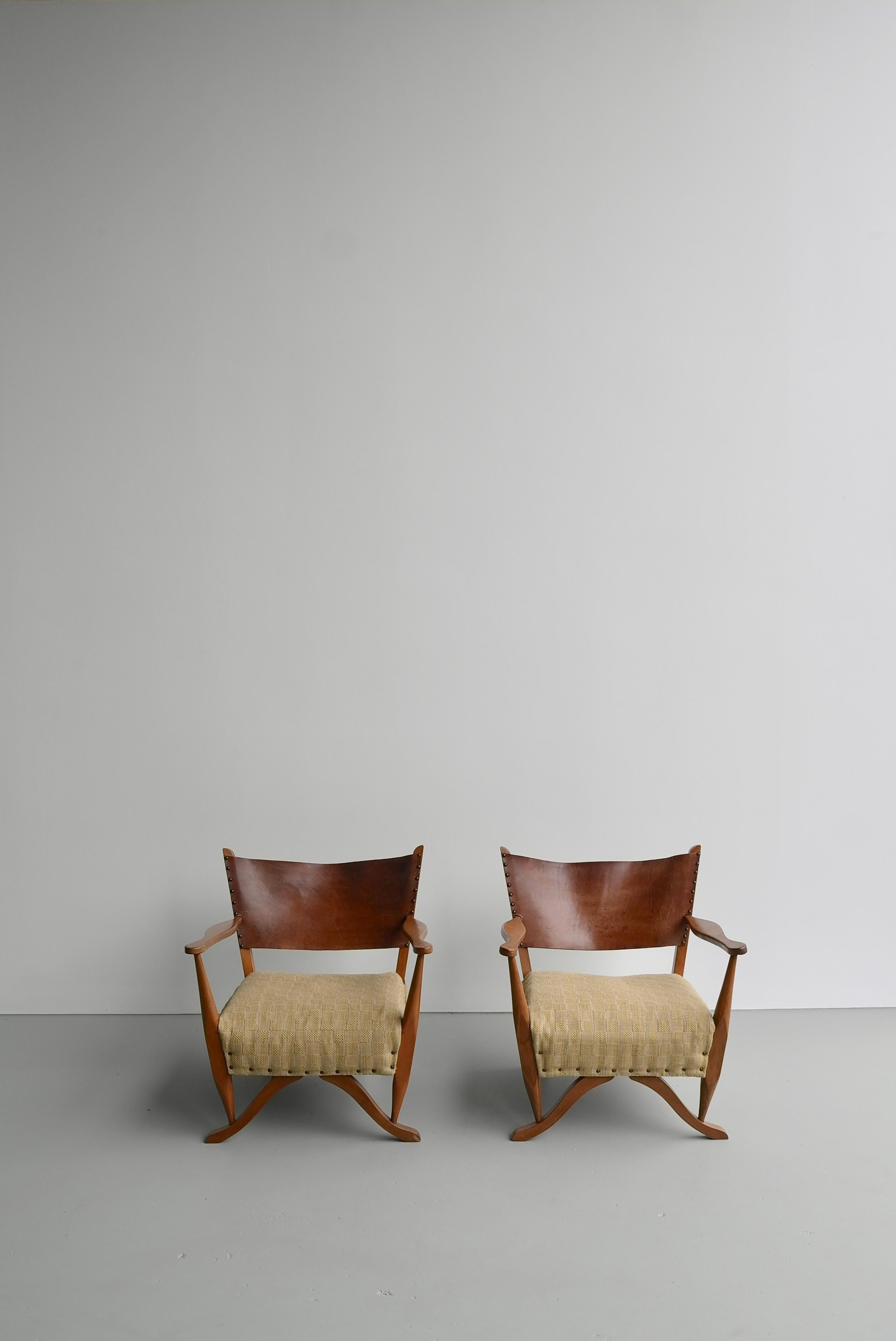 20th Century Pair of Mahogany Armchairs with Natural Sling Leather Back, Denmark, 1960s For Sale