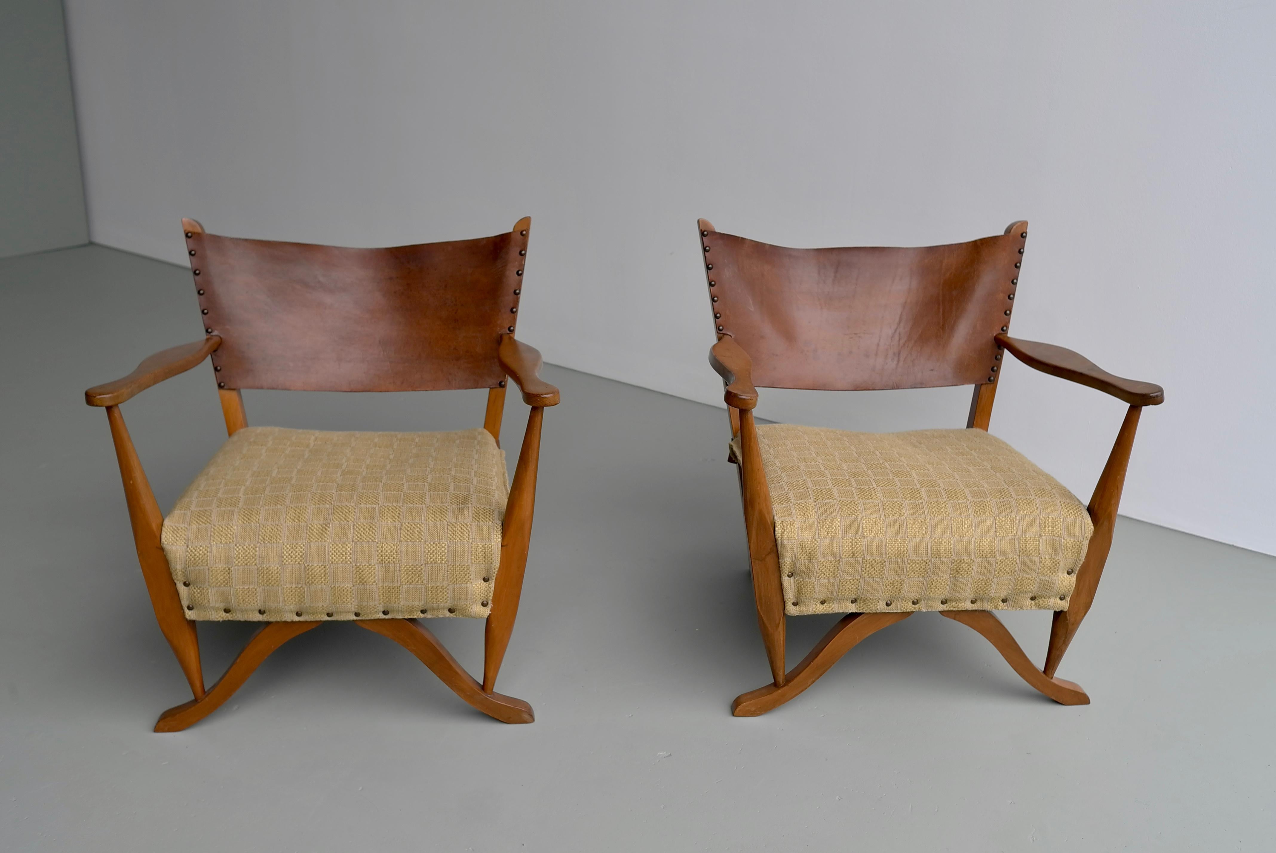 Pair of Mahogany Armchairs with Natural Sling Leather Back, Denmark, 1960s For Sale 3