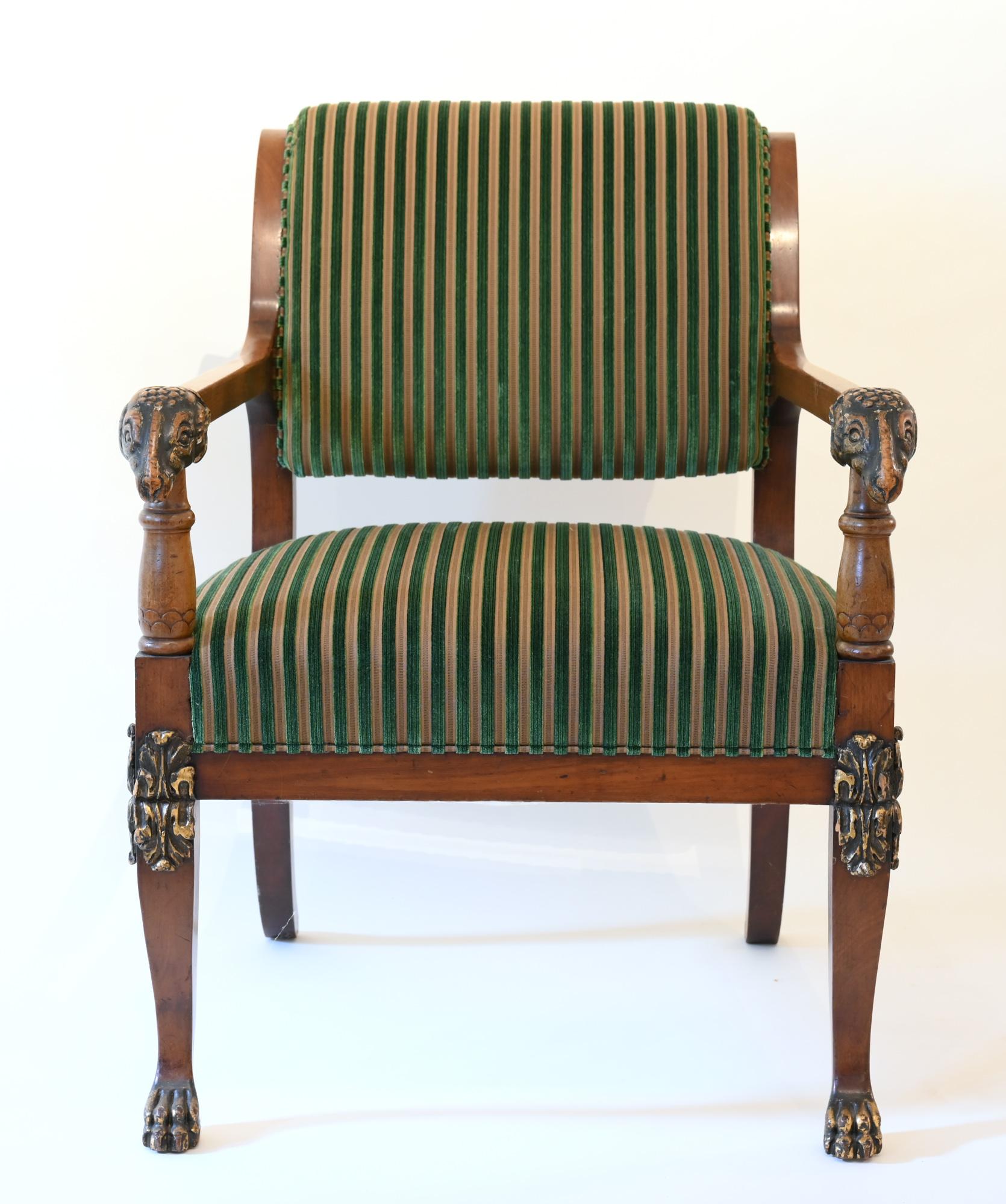 Pair of mahogany armchairs with ram heads, end of 18th century, Baltic

Pair of very charming armchairs with ram heads and paws legs, Baltic 1795
The chairs have a wonderful charming patina, the new upholstery is professional done, with fabrics