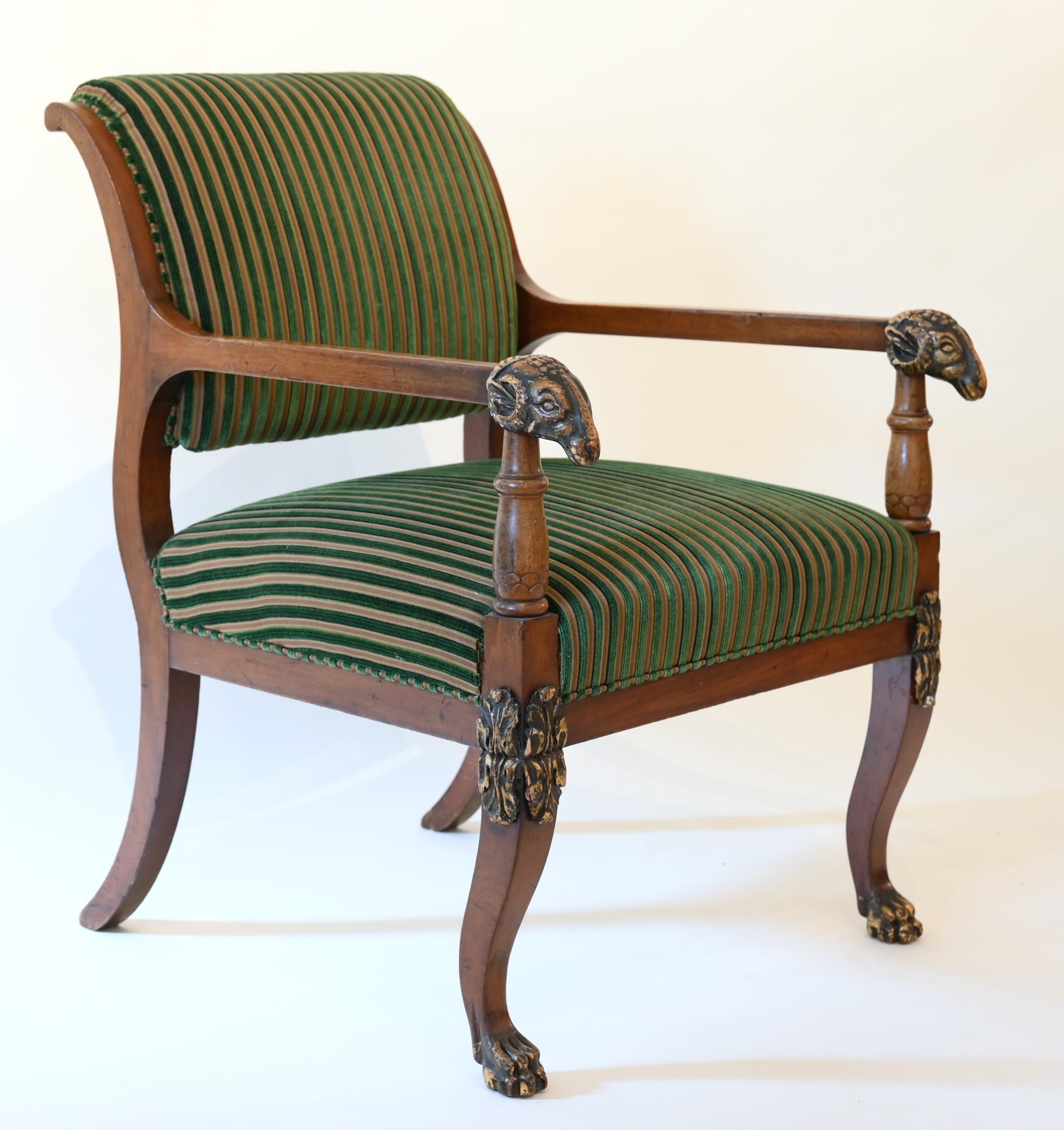 Fabric Pair of Mahogany Armchairs with Ram Heads, End of the 18th Century, Baltic