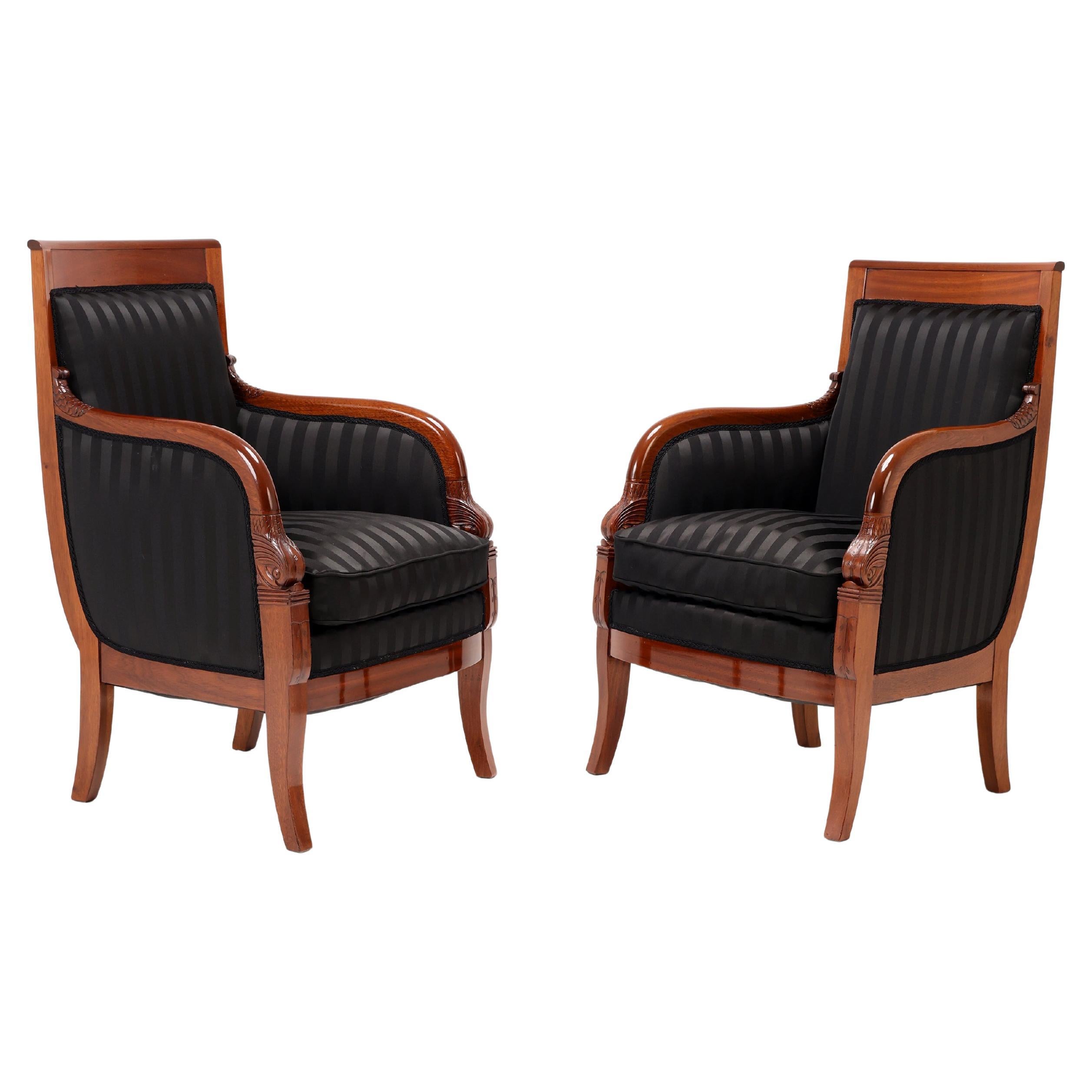 Pair of Mahogany Bergère Armchairs, Classical / Empire Style, Early 19th Century