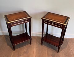 Pair of mahogany & brass side tables with leather tops in Maison Jansen Style