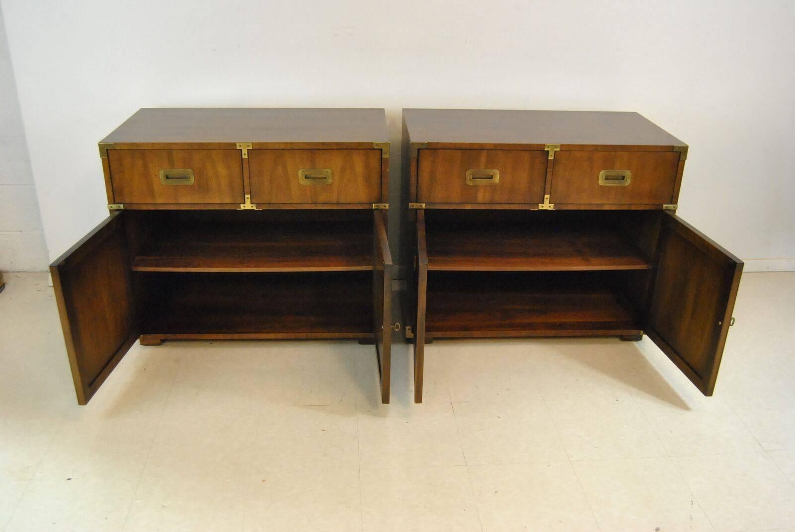 American Pair of Mahogany Campaign Style Nightstands or Chests by Henredon