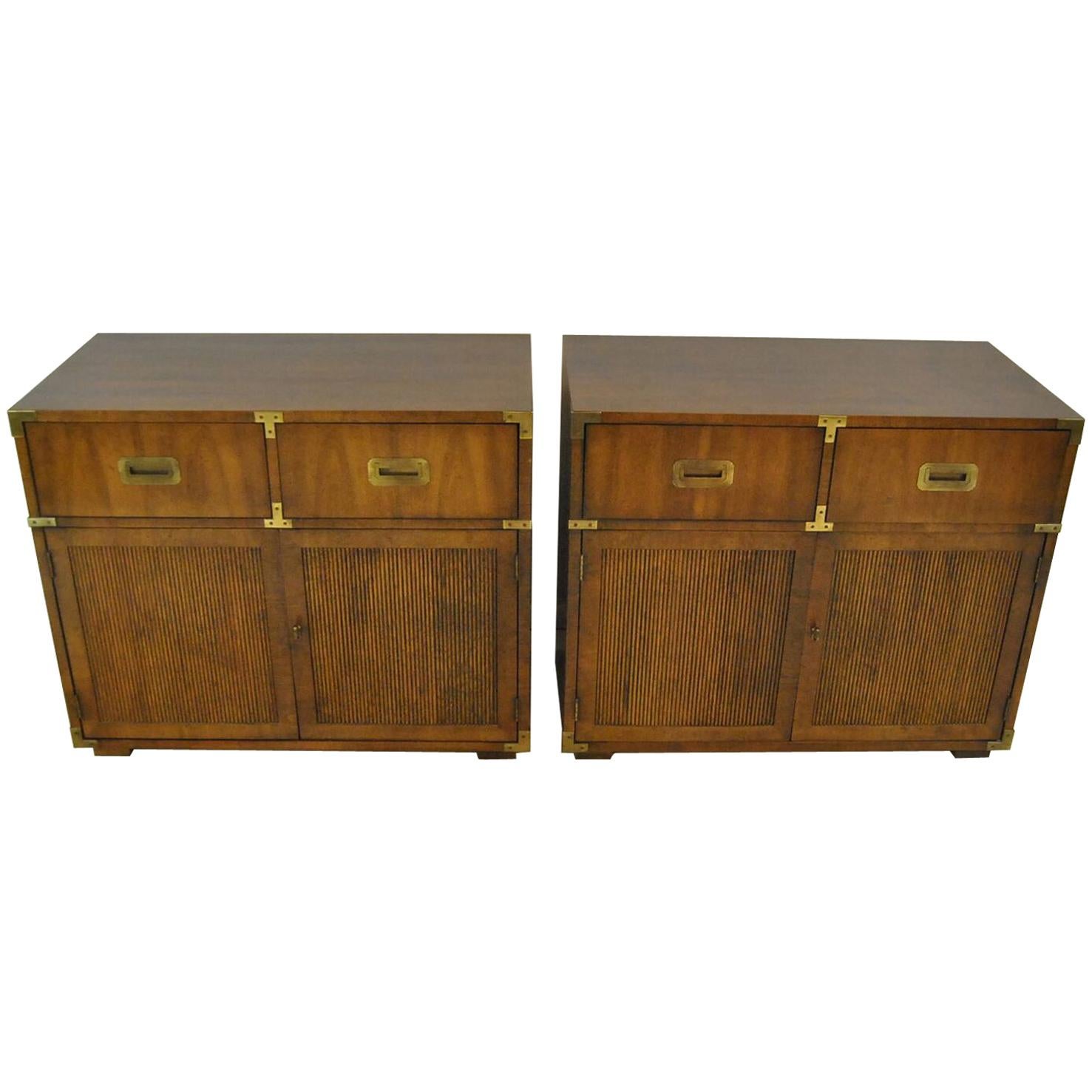 Pair of Mahogany Campaign Style Nightstands or Chests by Henredon