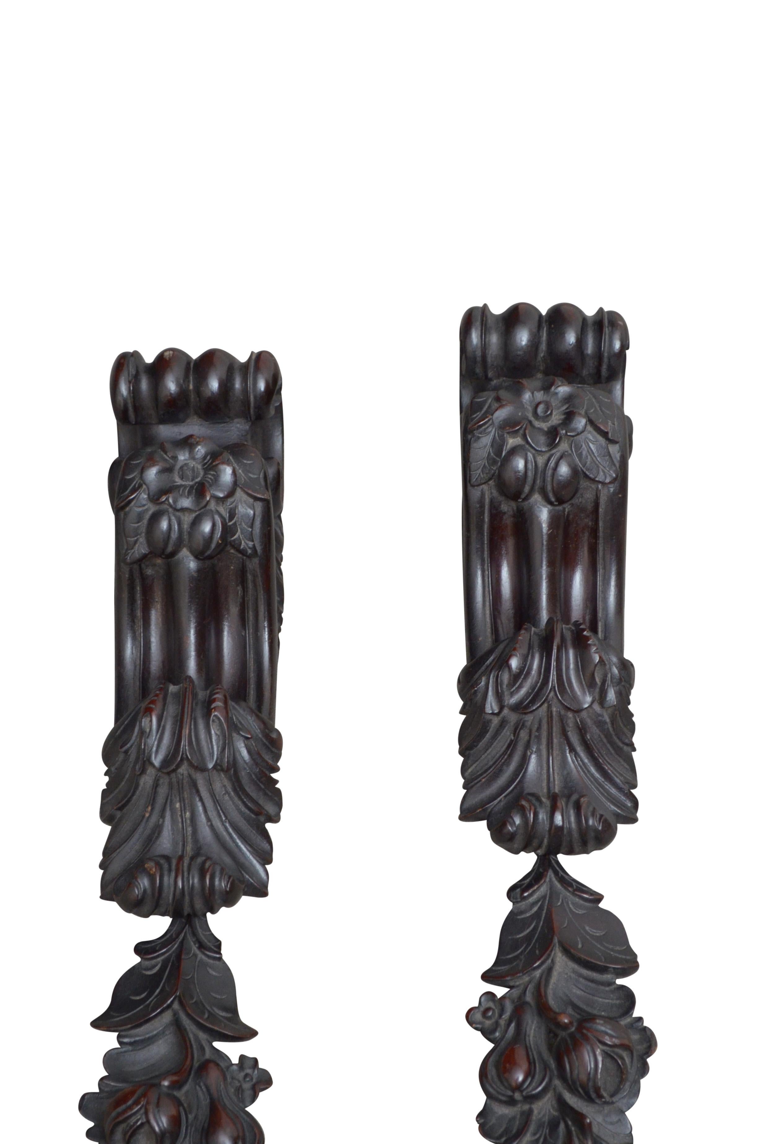Superb quality pair of mahogany corbels with crisply carved scrolls with leafy motifs and floral and fruit decoration below. All in original condition, retains original finish and patina. c1860
Measures: L 11
