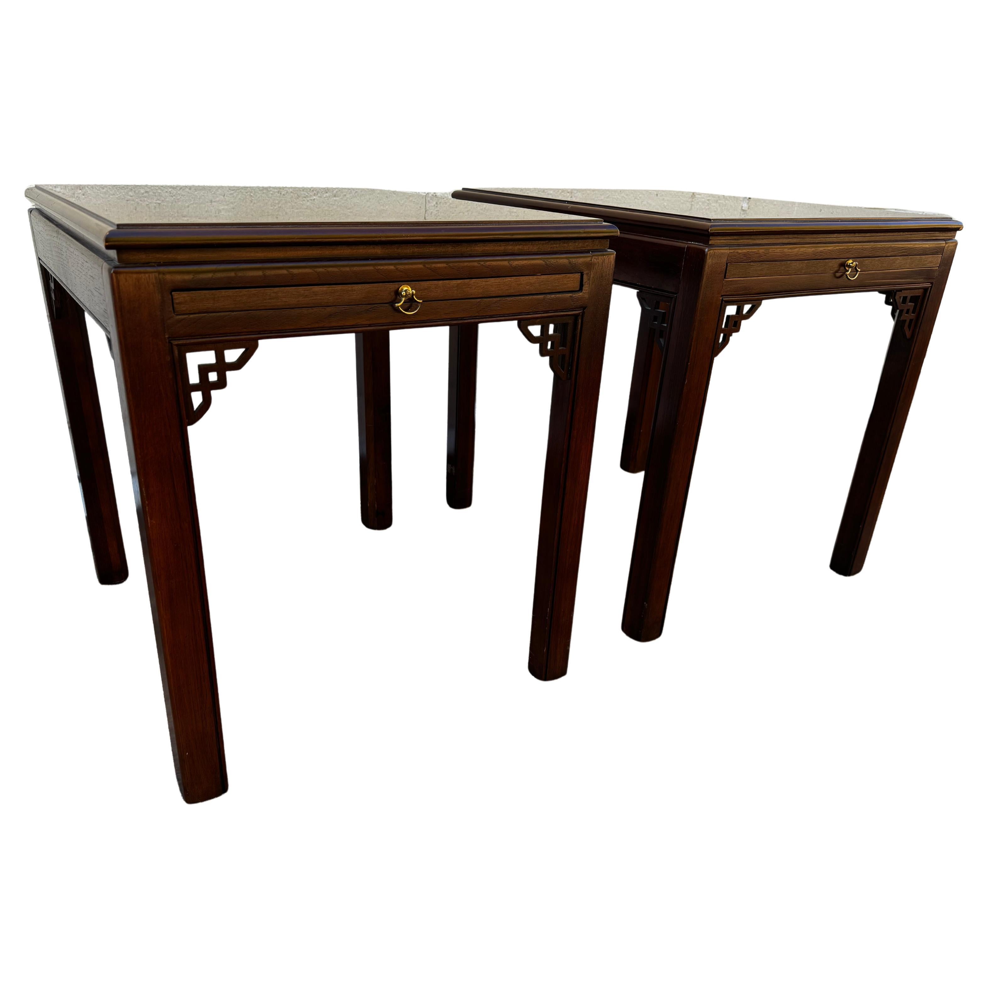 Pair of Mahogany Chinese Chippendale Style End Tables with Writing Surfaces For Sale