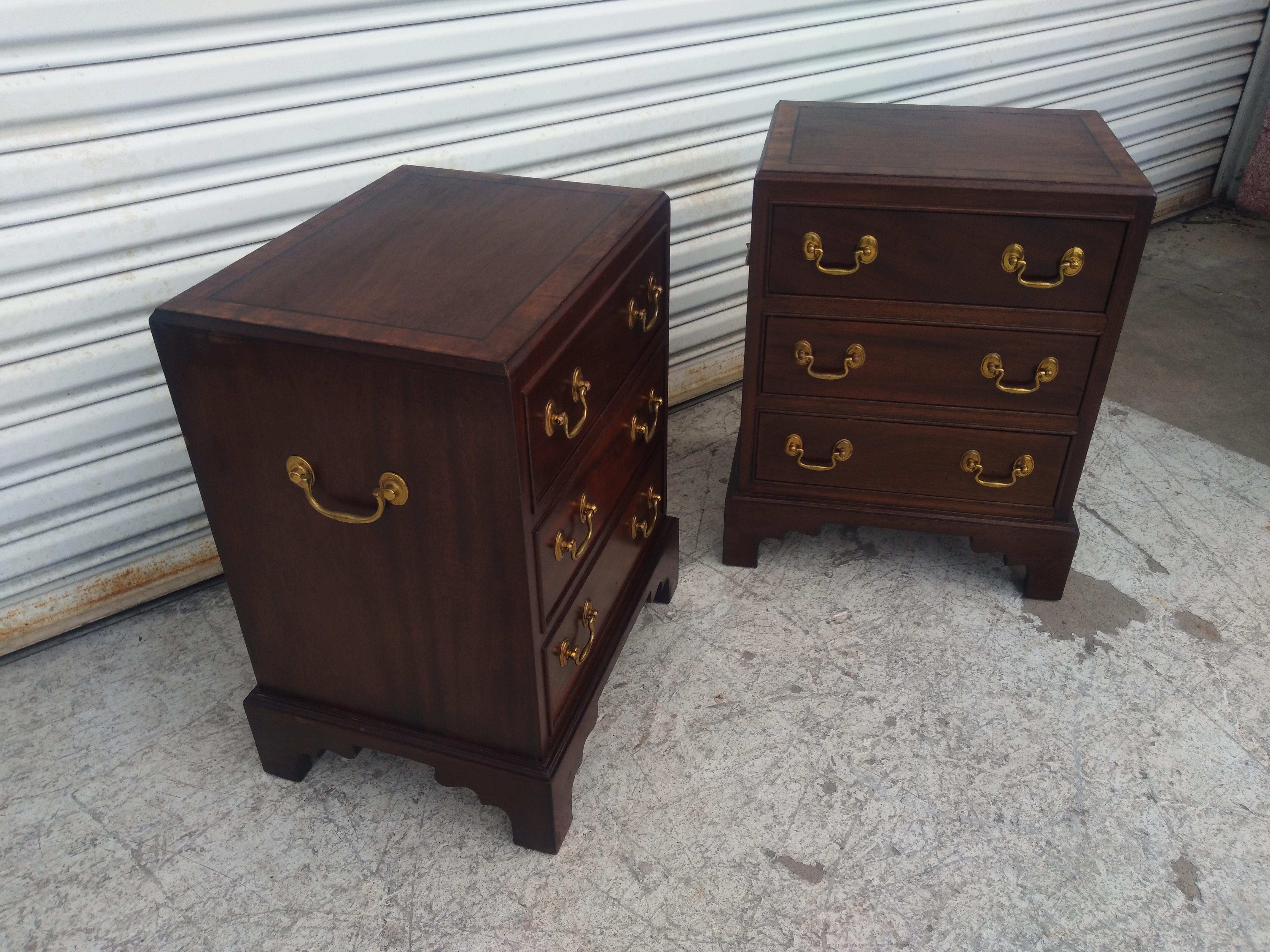 Brass Pair of Mahogany Chippendale Style 3 Drawer Nightstands