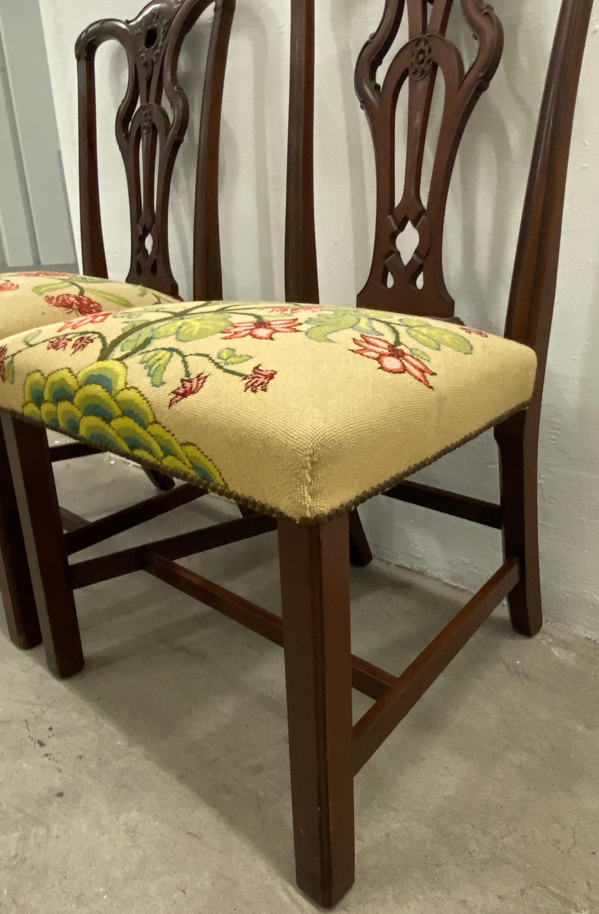 British Pair of Mahogany Chippendale Style Side Chairs with Needlepoint Seats