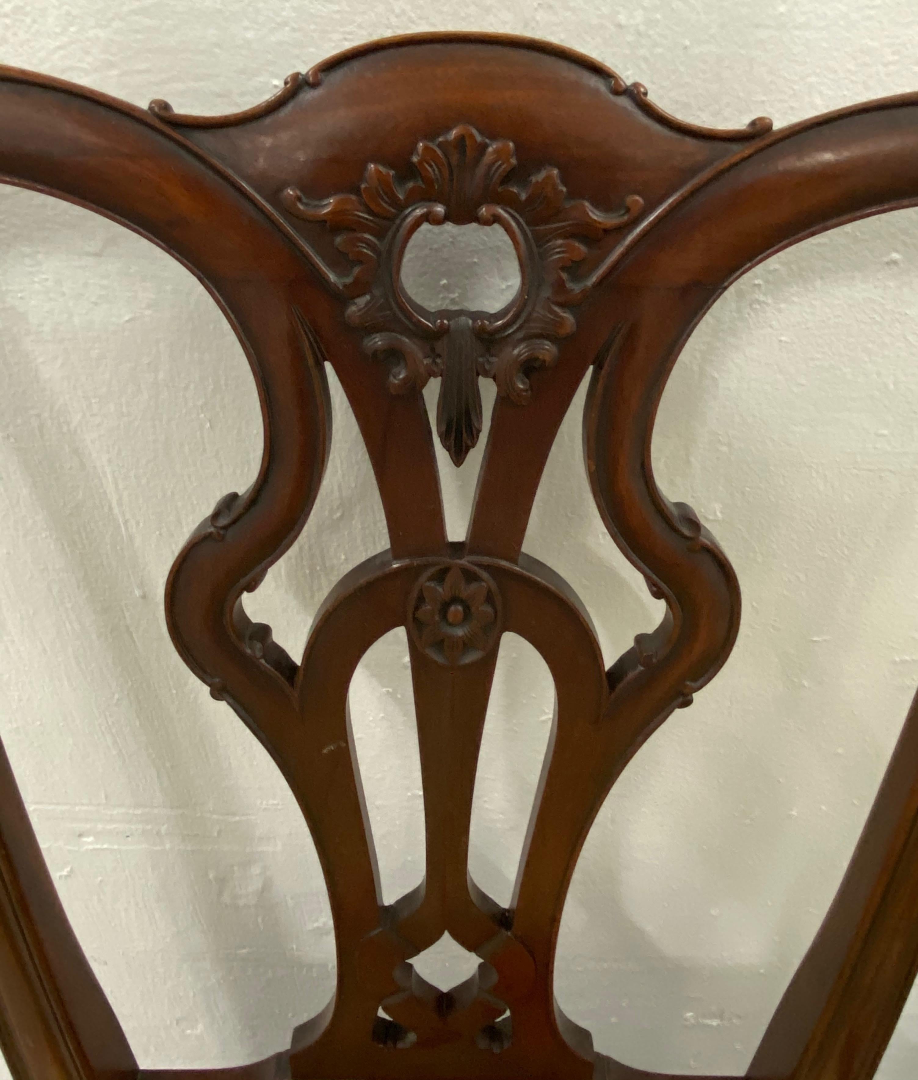 Hand-Carved Pair of Mahogany Chippendale Style Side Chairs with Needlepoint Seats