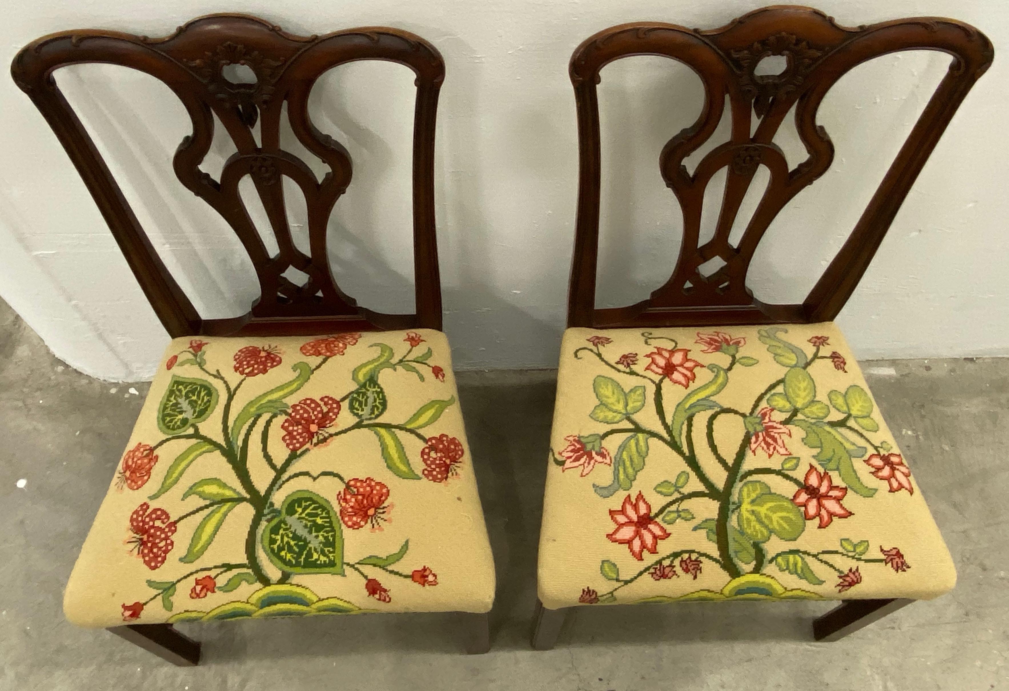 Pair of Mahogany Chippendale Style Side Chairs with Needlepoint Seats In Good Condition In San Francisco, CA