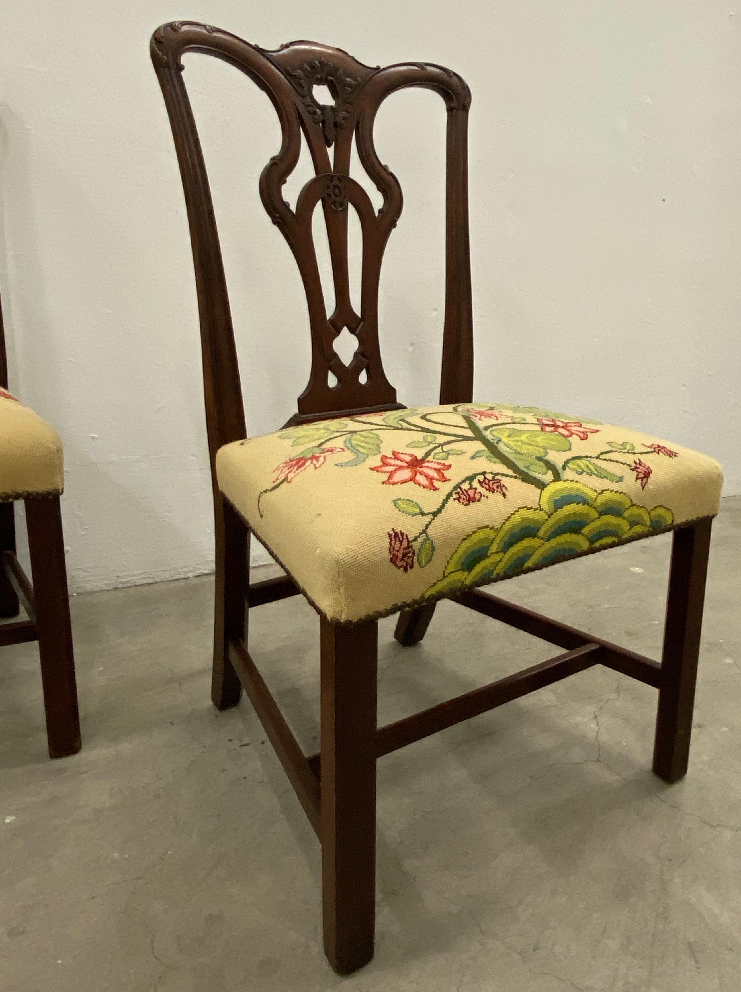 19th Century Pair of Mahogany Chippendale Style Side Chairs with Needlepoint Seats