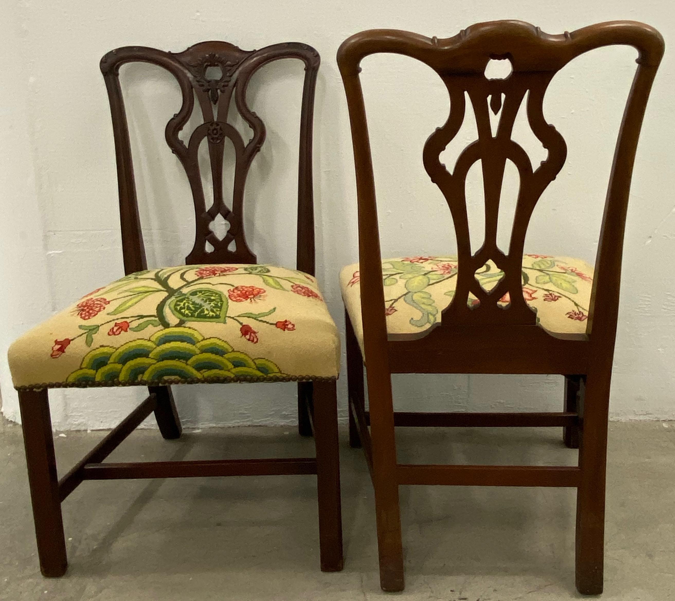 Pair of Mahogany Chippendale Style Side Chairs with Needlepoint Seats 1