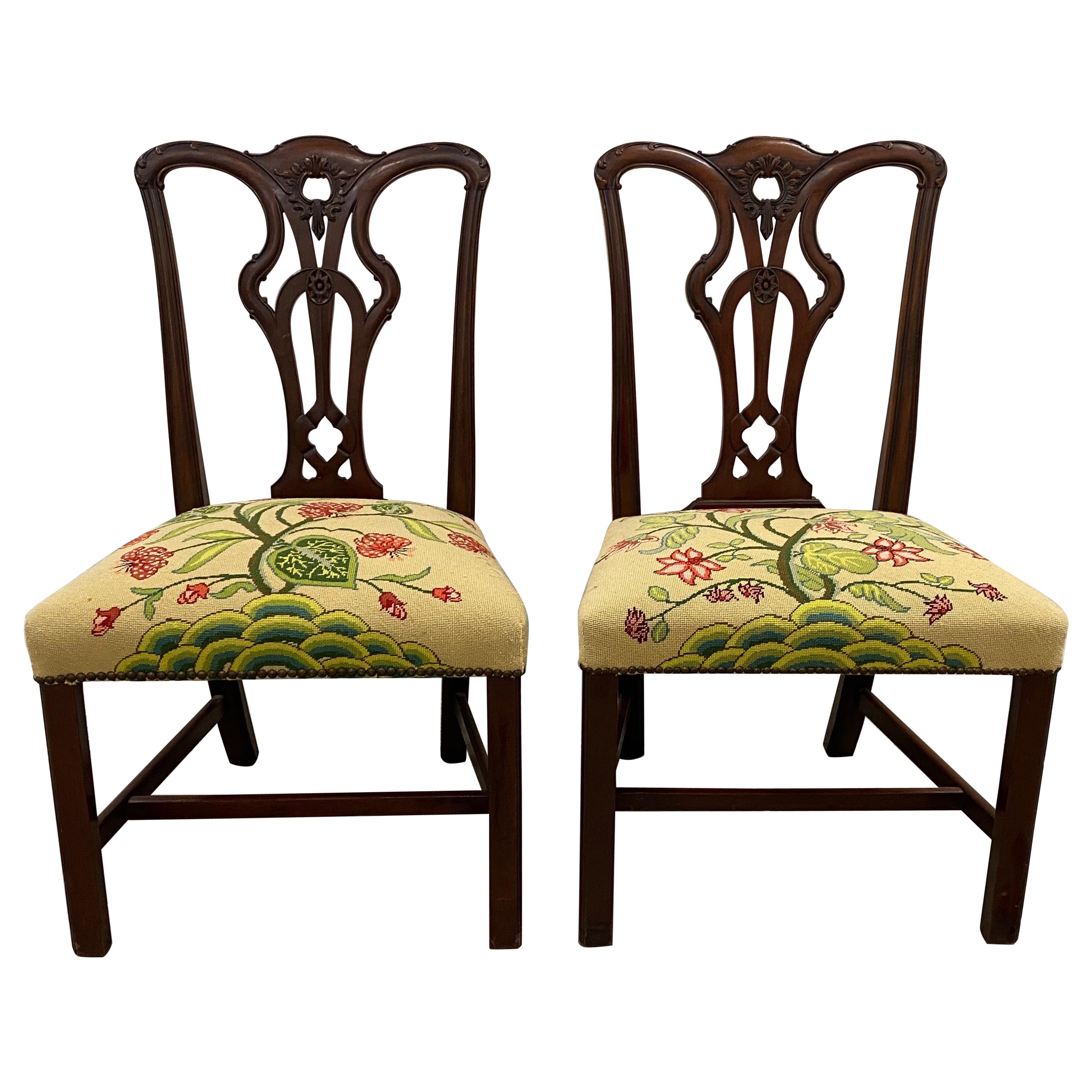 Pair of Mahogany Chippendale Style Side Chairs with Needlepoint Seats