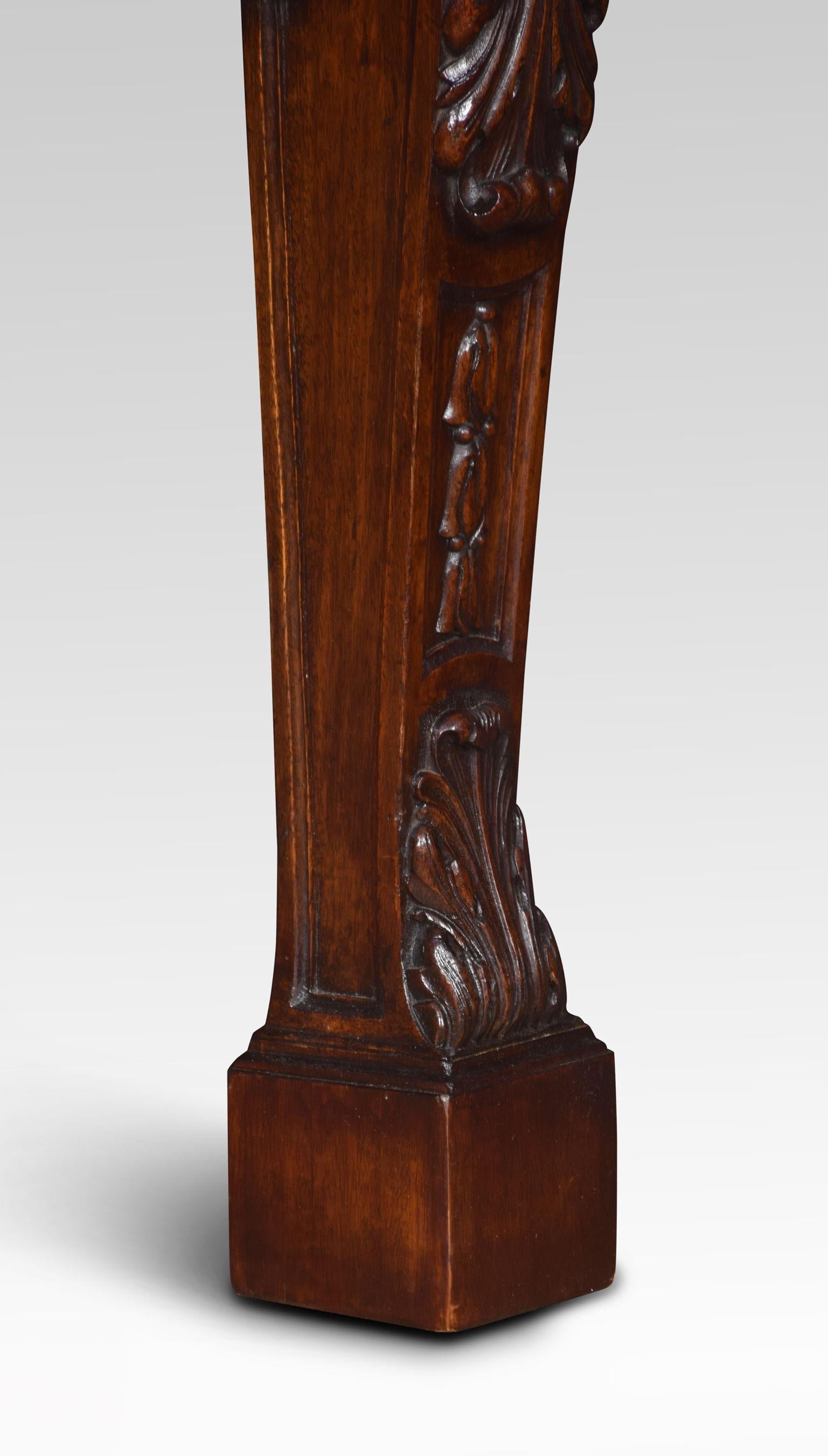 Pair of mahogany console tables, the large rectangular mahogany tops with canted corners over a plain frieze supported on carved scrolling supports terminating in block feet.
Dimensions:
Height 31 inches
Width 43 inches
Depth 17 inches.