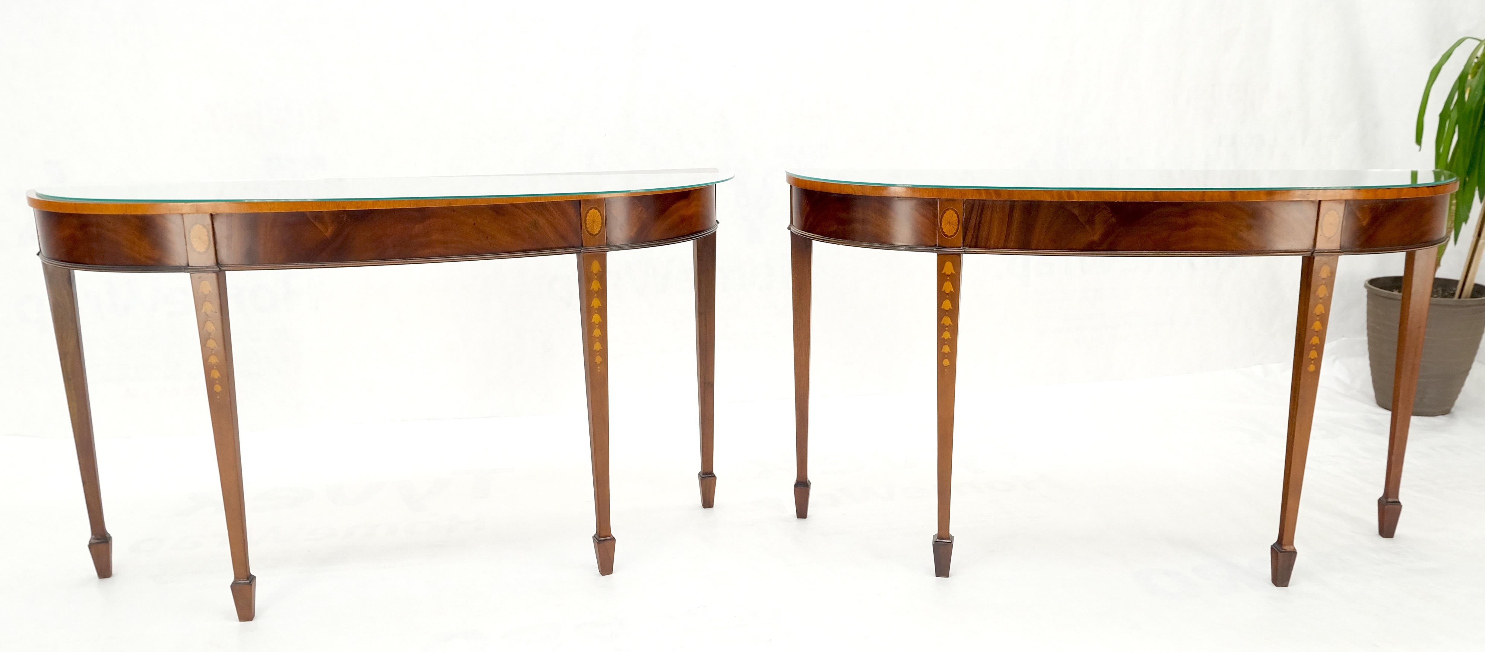Pair of Mahogany Demi Lune Banded Inlayed Glass Tops Console Sofa Tables Mint! For Sale 4