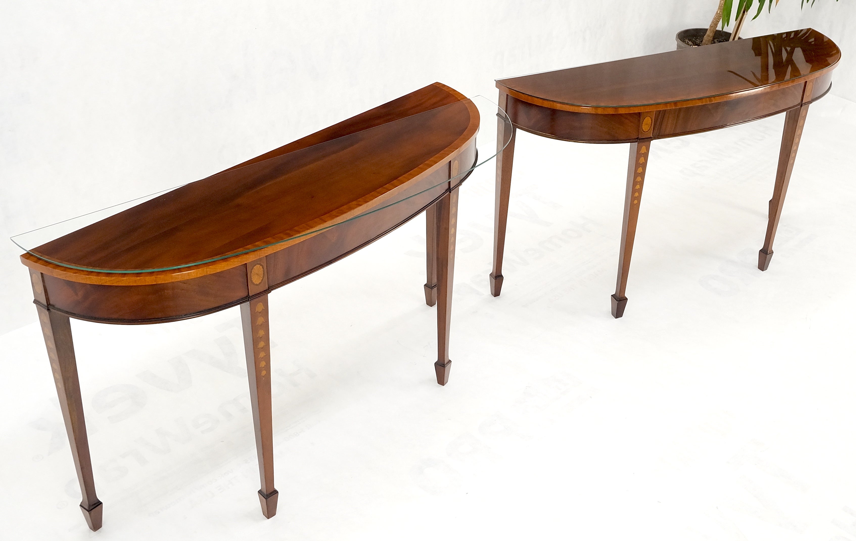 Pair of Mahogany Demi Lune Banded Inlayed glass tops console sofa tables MINT!
comes with glass tops.