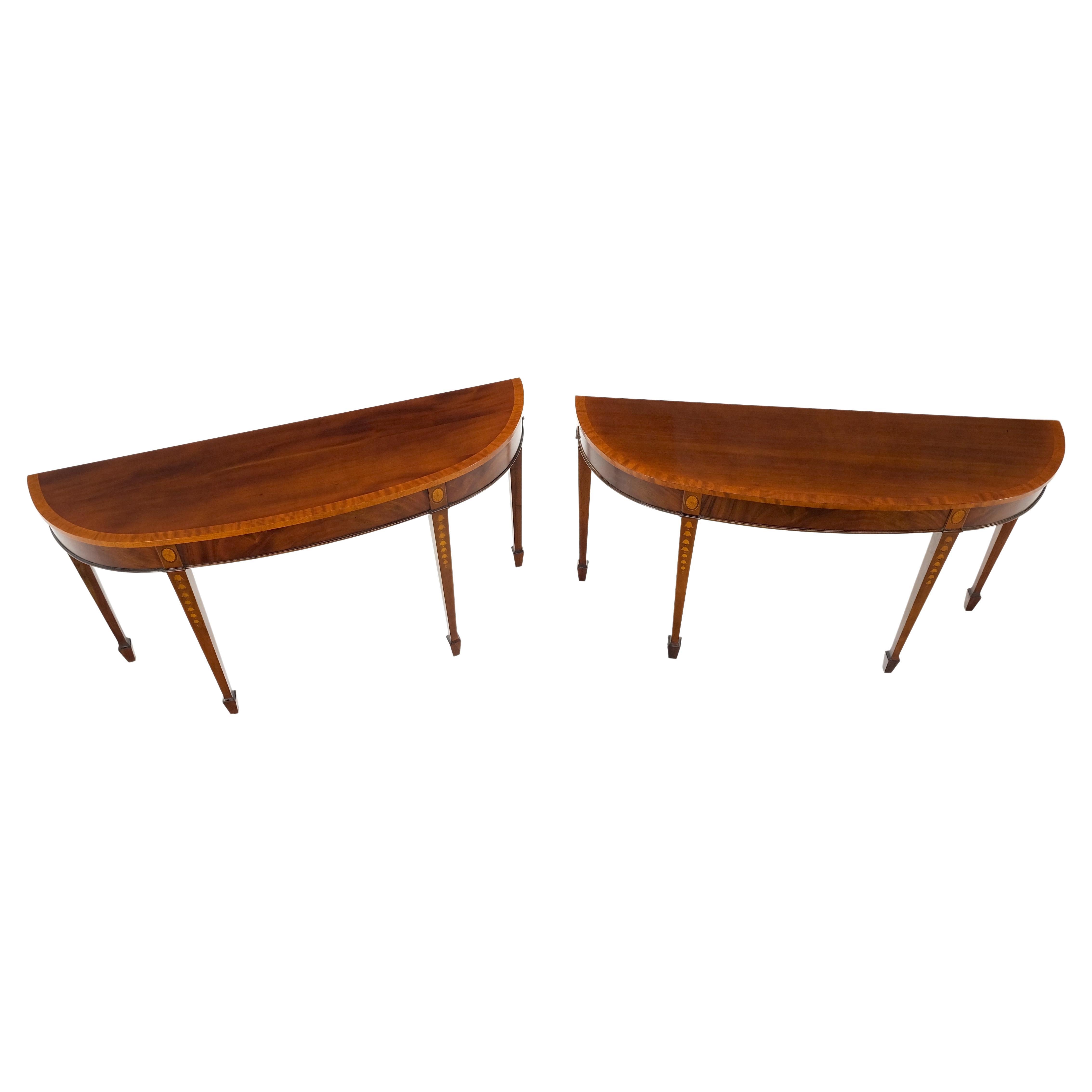 Pair of Mahogany Demi Lune Banded Inlayed Glass Tops Console Sofa Tables Mint! For Sale