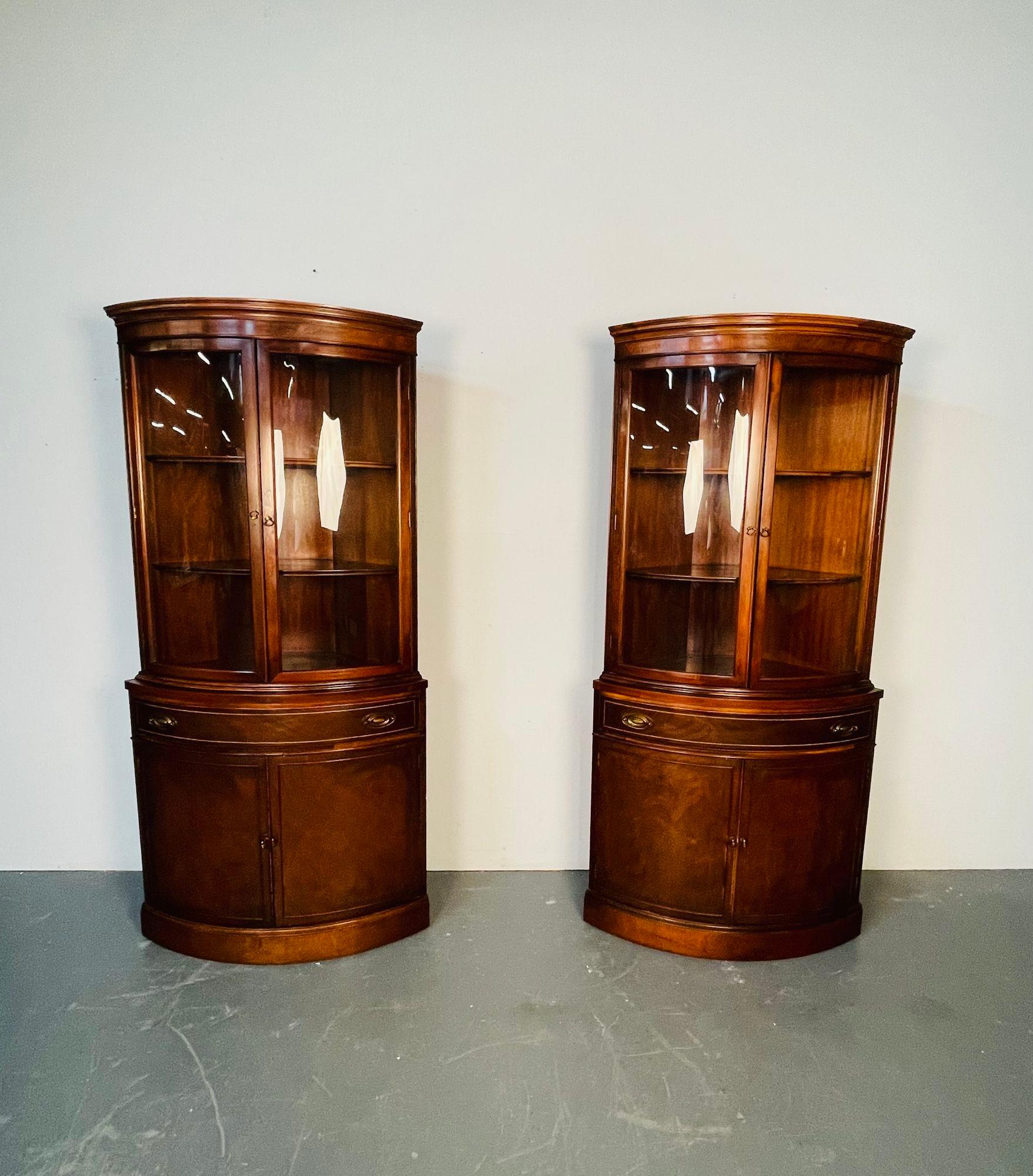Pair of Mahogany Demi Lune Corner Cabinets, Bookcases / Vitrines, Circa 1940 In Fair Condition In Stamford, CT